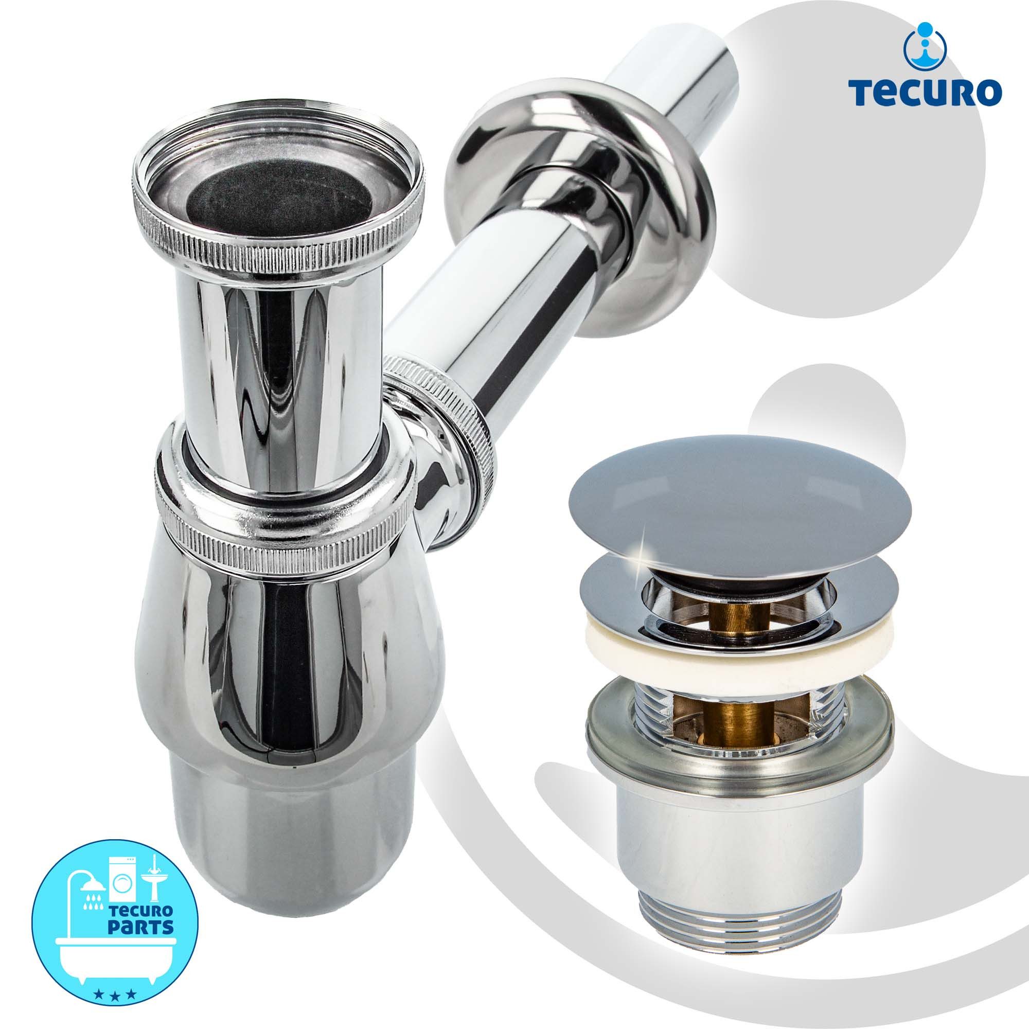 tecuro Siphon Siphon mit Pop Up Ablaufventil verchromt - Universal für Waschtisch, (Ablaufventil und Flaschensiphon)