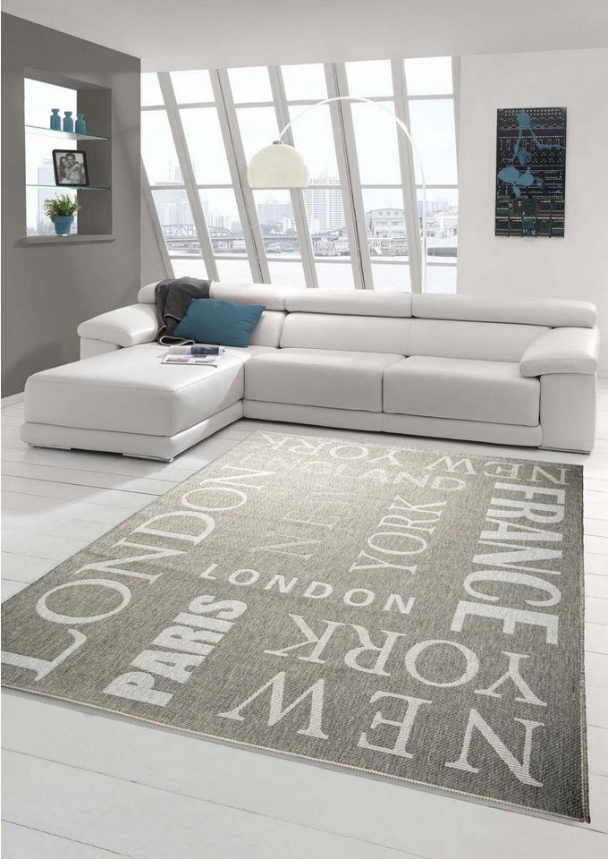 Outdoorteppich Küchenläufer Flachgewebe Teppich Sisal Optik modernes Design  Städte New York London Paris City Grau Weiß, Teppich-Traum, rechteckig, Höhe:  5 mm