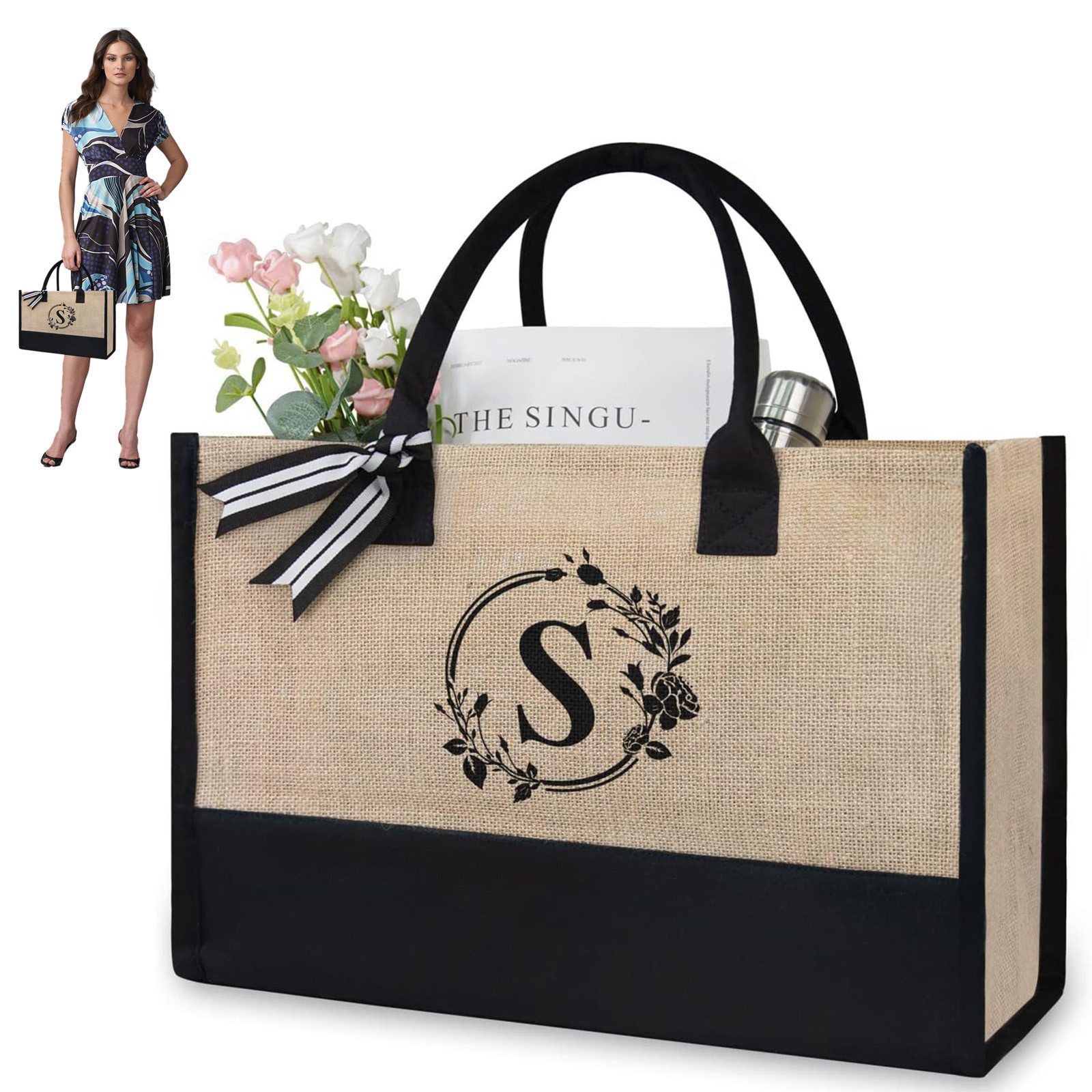 REDOM Tragetasche Buchstabentasche Stofftasche Freizeittasche Damen Canvas Tote Bag (Zeitungskorb Einkaufstasche Bag mit Top Griff, Schultertasche), für Damen Frauen Freizeit Arbeit Büro Party Spaziergang