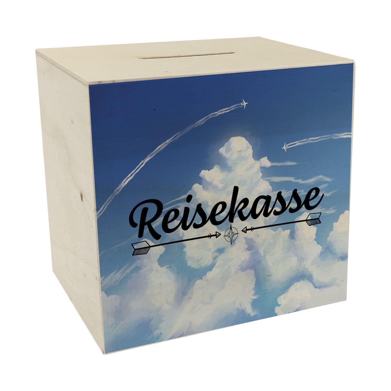 Spardose Reisekasse Spardose aus Holz mit schönem Wolkenmotiv und Flugzeugen