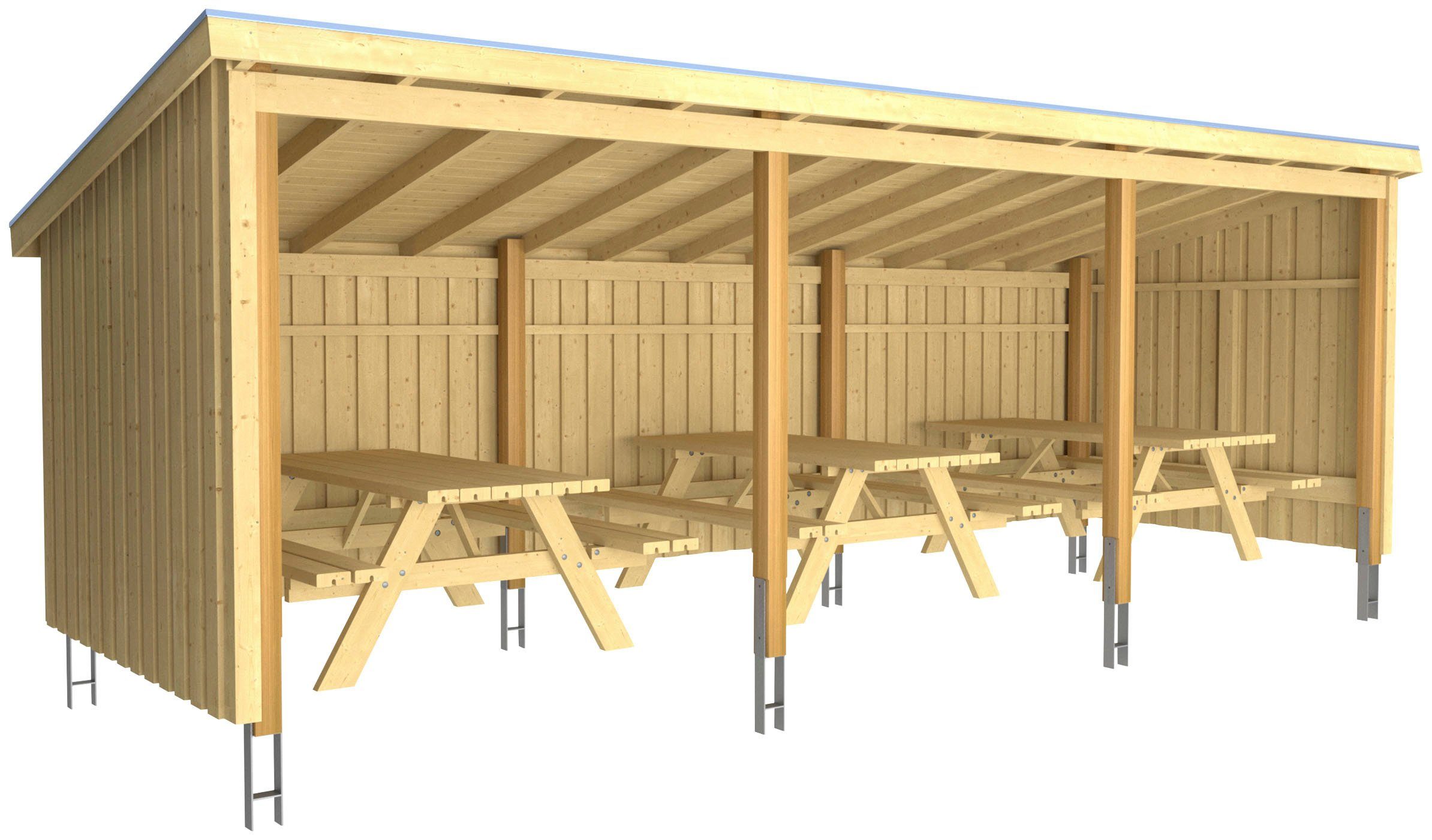 PLUS Gartenhaus Nordic, BxT: 218x635 cm, (Packung), Picknickhütte 14 m² inkl. Picknicktische, Dachpappe/Aluleisten/H-Füße