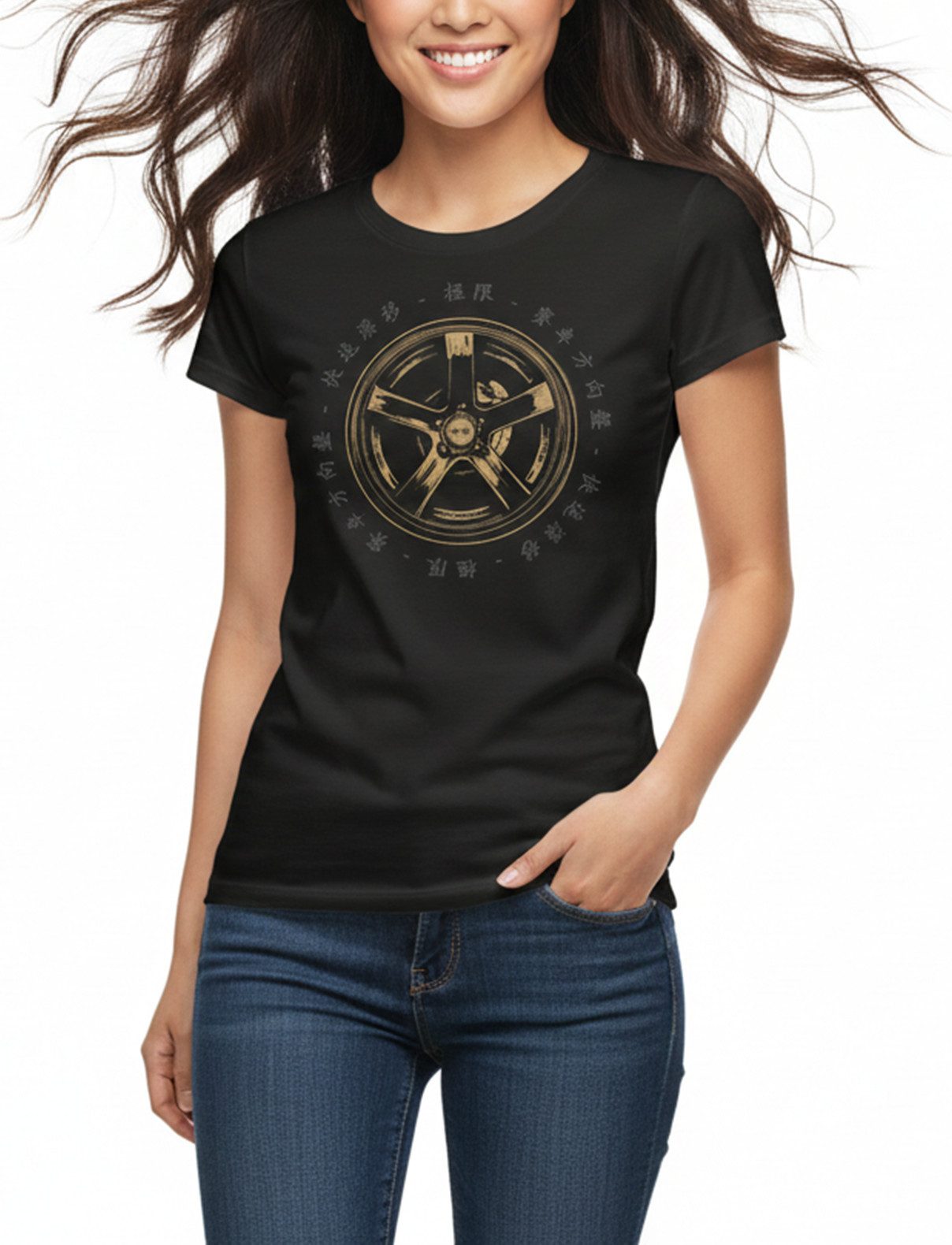 MAKAYA T-Shirt Damen Top mit Auto & Tuning Felgen Motiv – Motorsport & Gaming Look (Schwarz, S, M, L, XL) Baumwolle