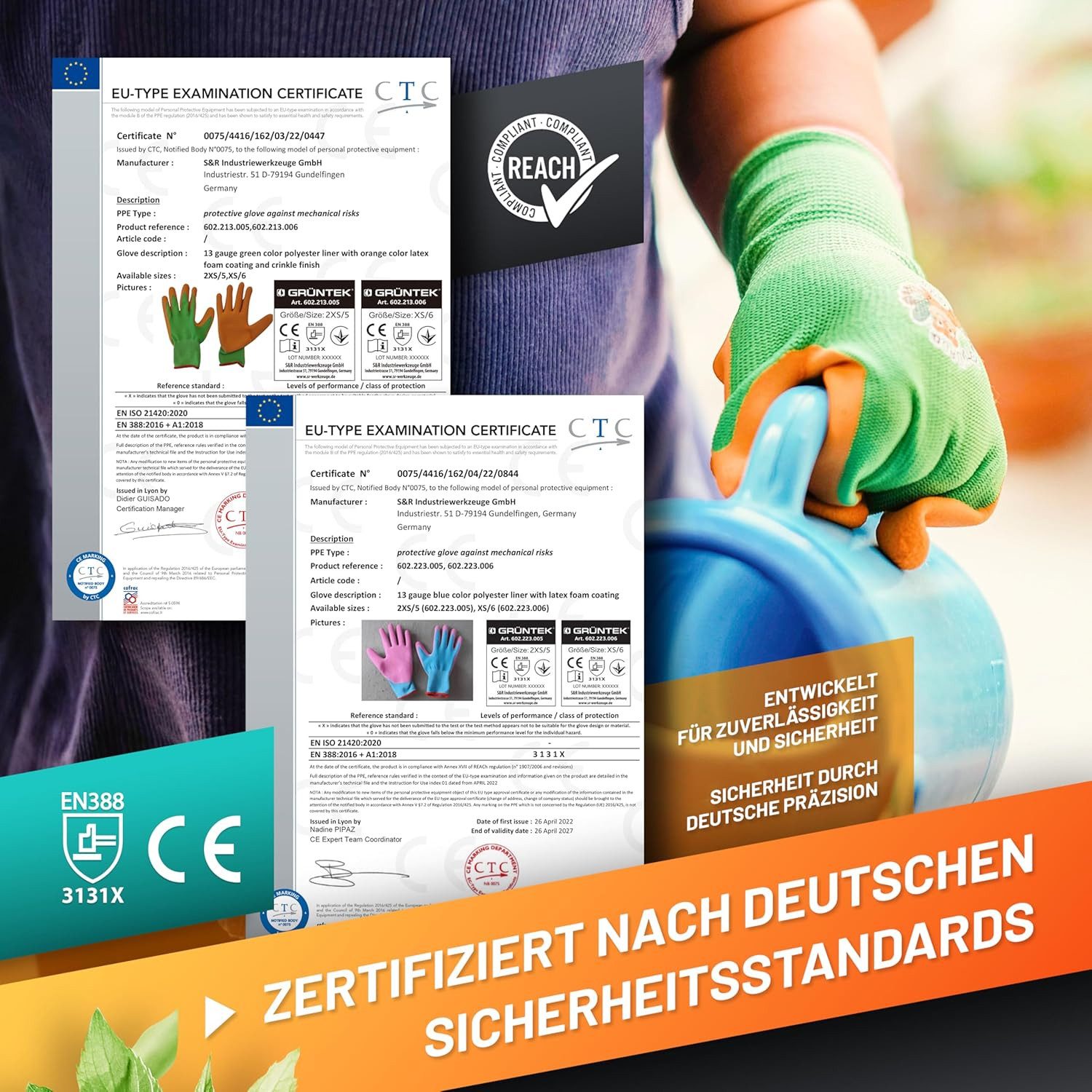 GRÜNTEK Gartenhandschuhe Kinder-Sicherheitsgartenhandschuhe, rutschfeste Latexbeschichtung (Set, 8-St., 4 Paar Größe XS / 6) bunt, geprüft und zertifiziert nach EN 420 & EN 388