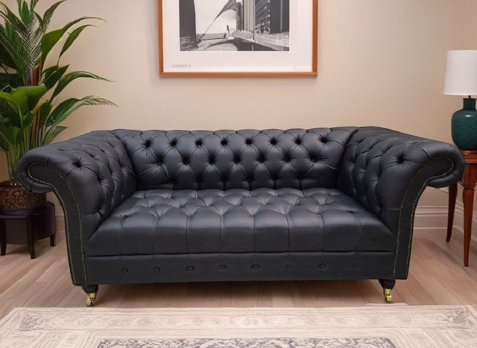 Xlmoebel Chesterfield-Sofa Chesterfield Sofa Schwarz, aus Stoff mit echtem Leder Sofort, Hergestellt in Europa