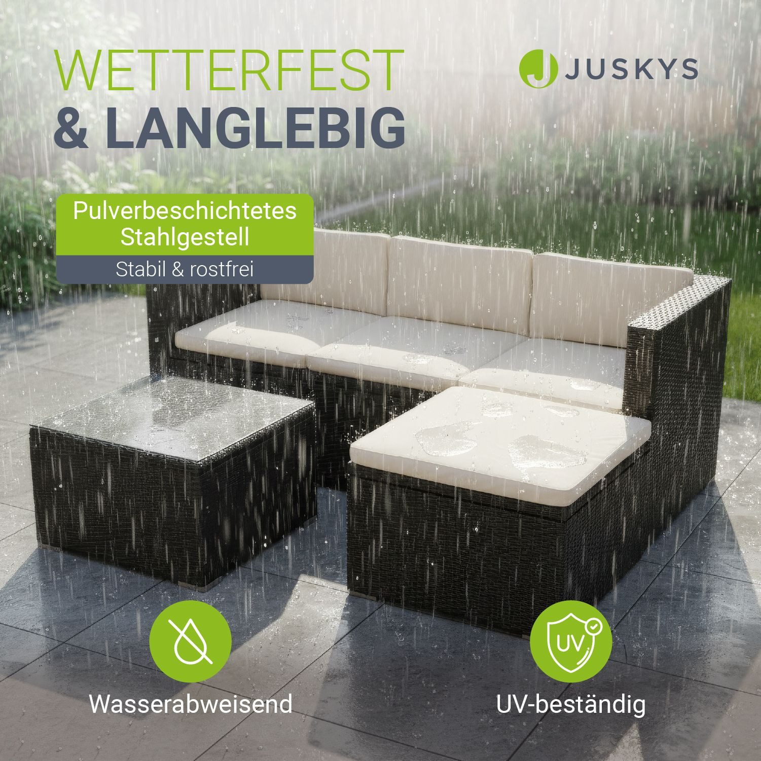 Juskys Gartenlounge-Set Punta Cana, (Set, Sitzgruppe), Polyrattan Sitzgarnitur mit 1 Tisch, 1 Sofa und 1 Hocker