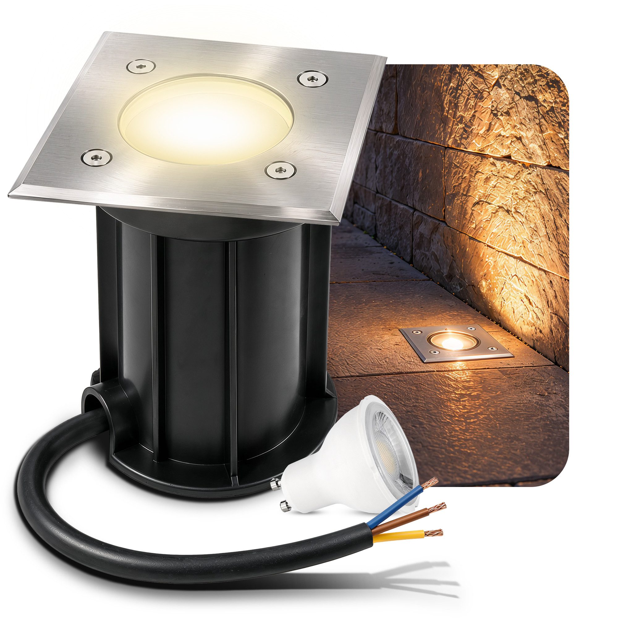 linovum LED Gartenstrahler Einbau Bodenstrahler BOQU inkl. LED Strahler GU10 2W warmweiss - Boden, Warmweiß