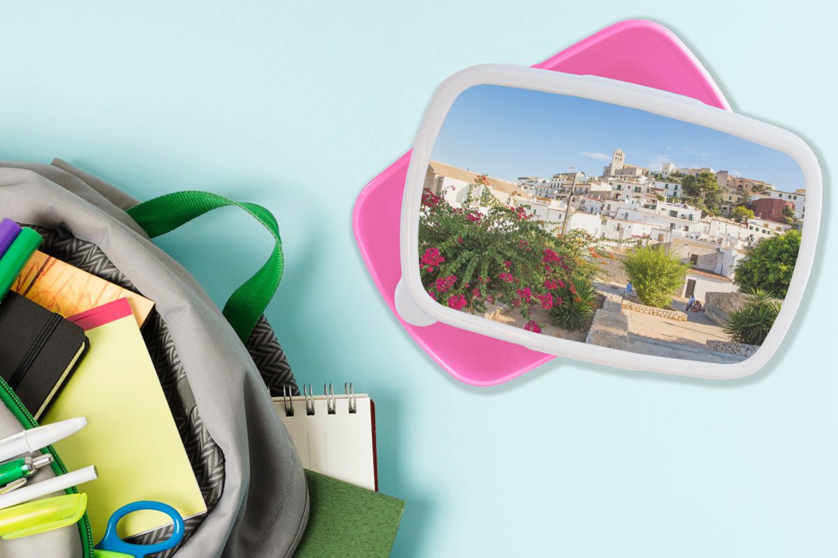 MuchoWow Lunchbox Ibiza-Stadt bei Tag, Mädchen, Brotbox Snackbox, Brotdose rosa Kinder, Kunststoff, Kunststoff Erwachsene, (2-tlg), für