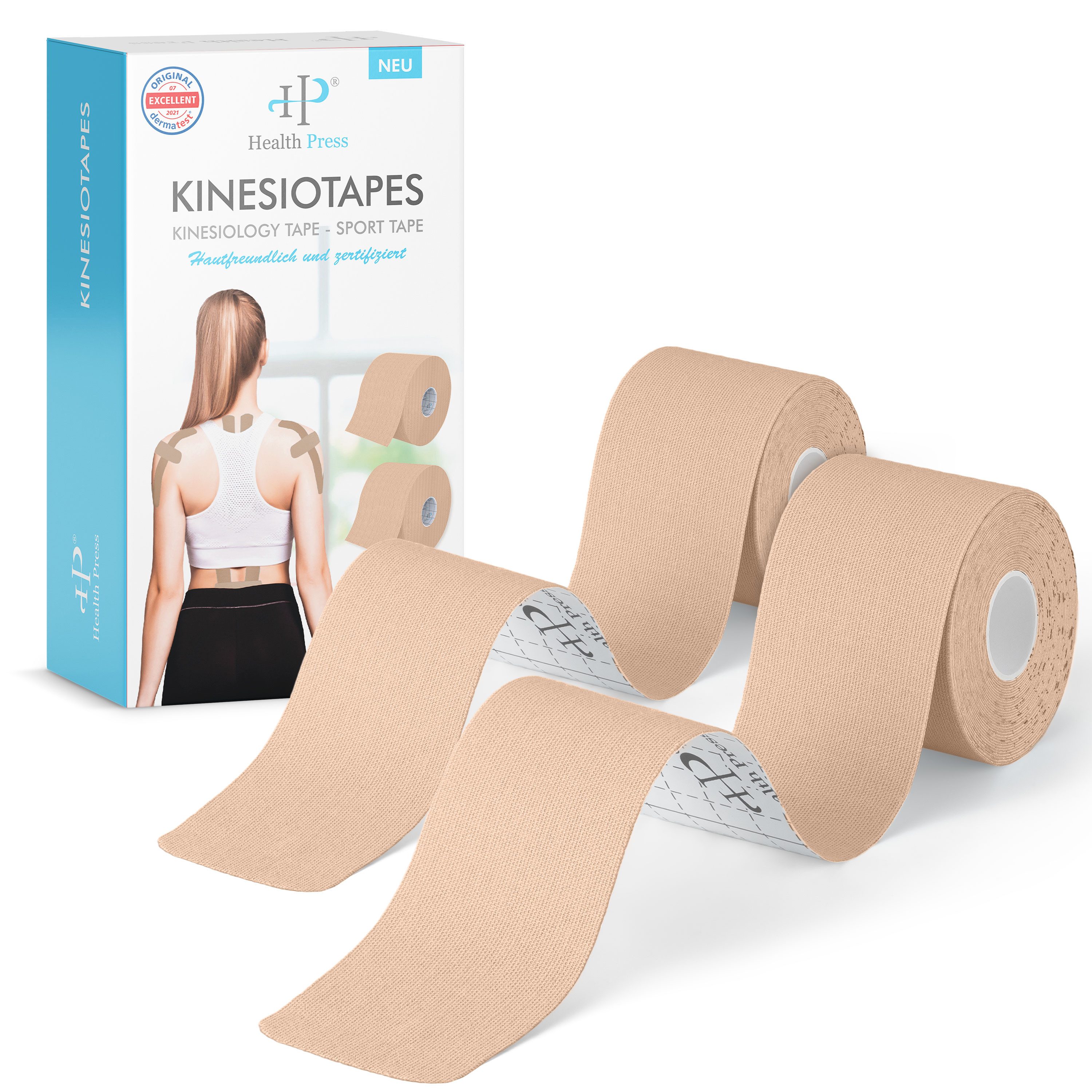 Health Press Kinesiologie-Tape 2 Rollen Profi Physio Tape & Sporttape Hautfreundlich (5cm x 5m) DERMATEST: SEHR GUT