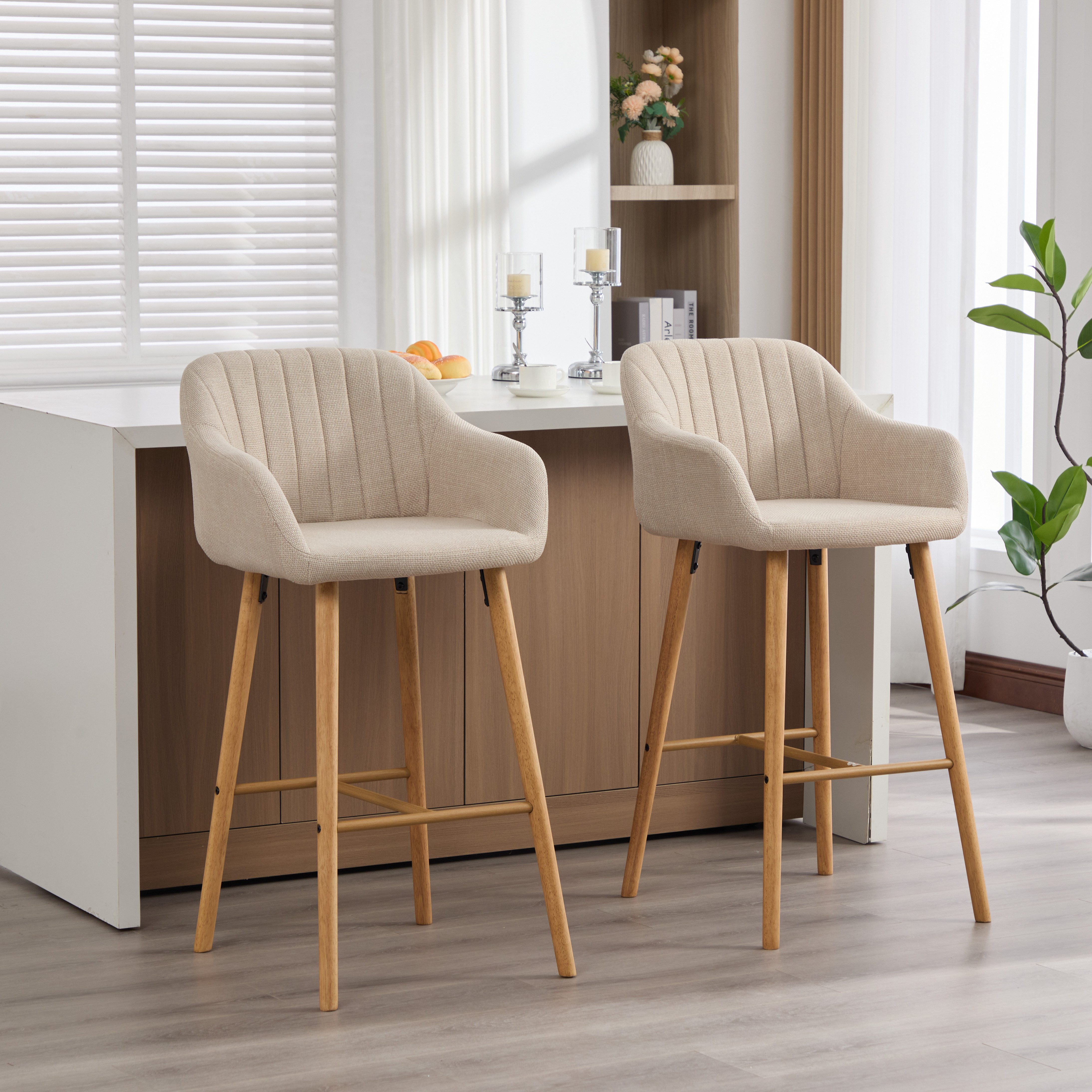 REDOM Barhocker Set aus zwei modernen Barhockern mit Armlehnen und hoher Rückenlehne (bequeme Leinen-Sitze, stabile Holzbeine), Barstühle Küchenstühle