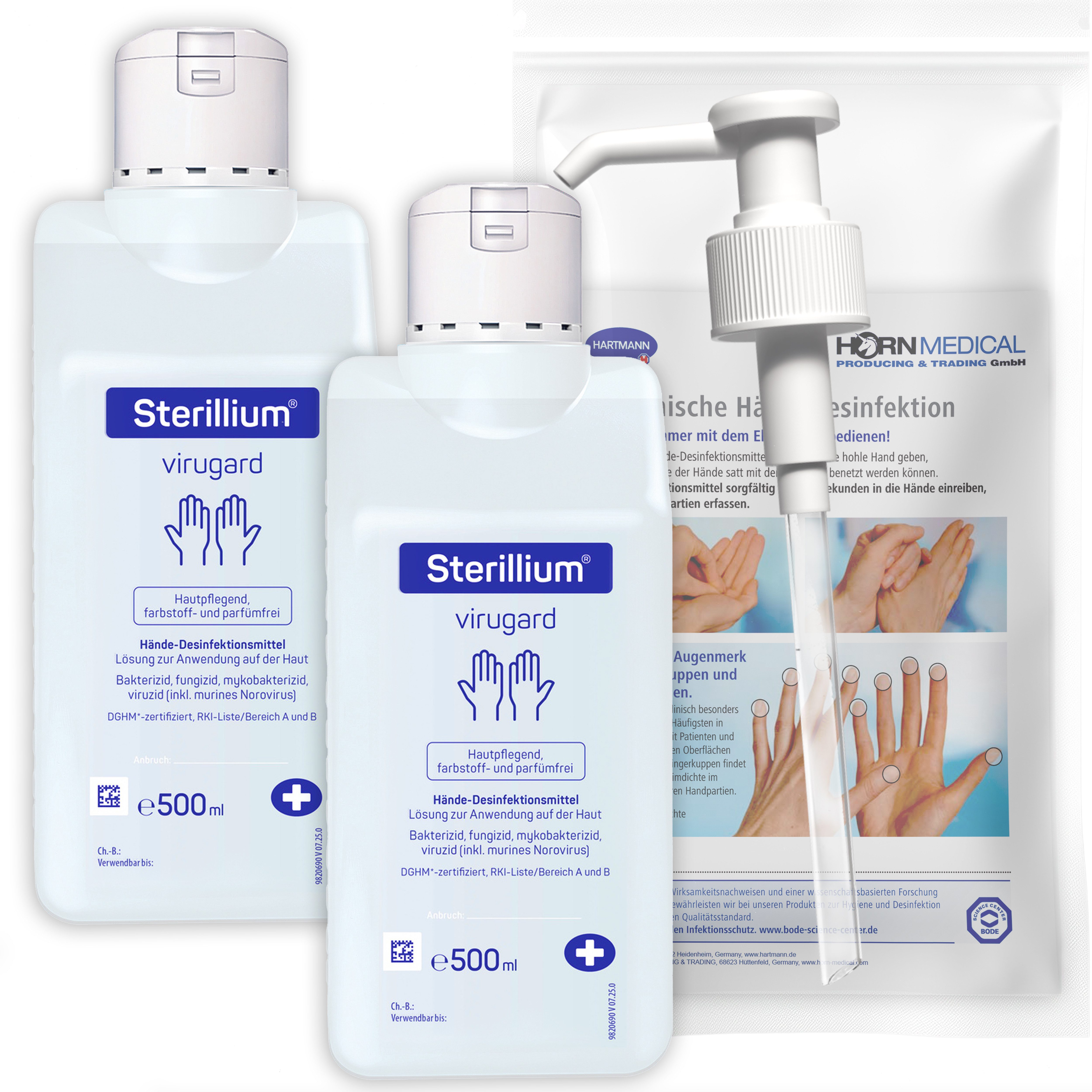 PAUL HARTMANN AG Horn Medical Dosierpumpe mit 2x Sterillium Virugard 500ml Hand-Desinfektionsmittel (farbstoff- & parfümfrei, [- Hochwirksame Desinfektionslösung wirkt sofort bis zu 6h geg. Hefepilze, Bakterien, Viren)