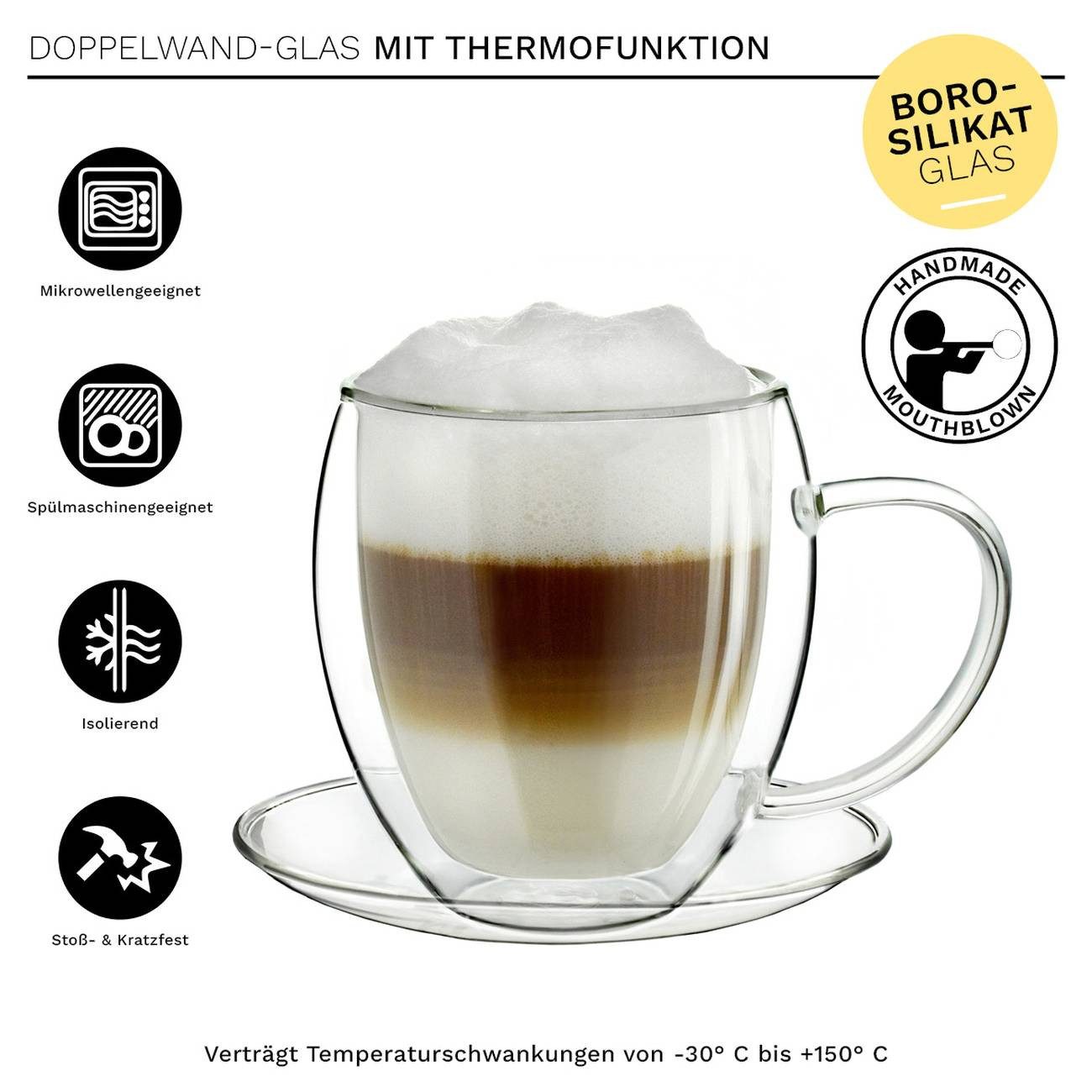 Creano Teeglas Thermotasse bauchig mit Untersetzer 250ml; 4er Set, 8-tlg., Borosilikatglas, Mit Untertasse und Henkel