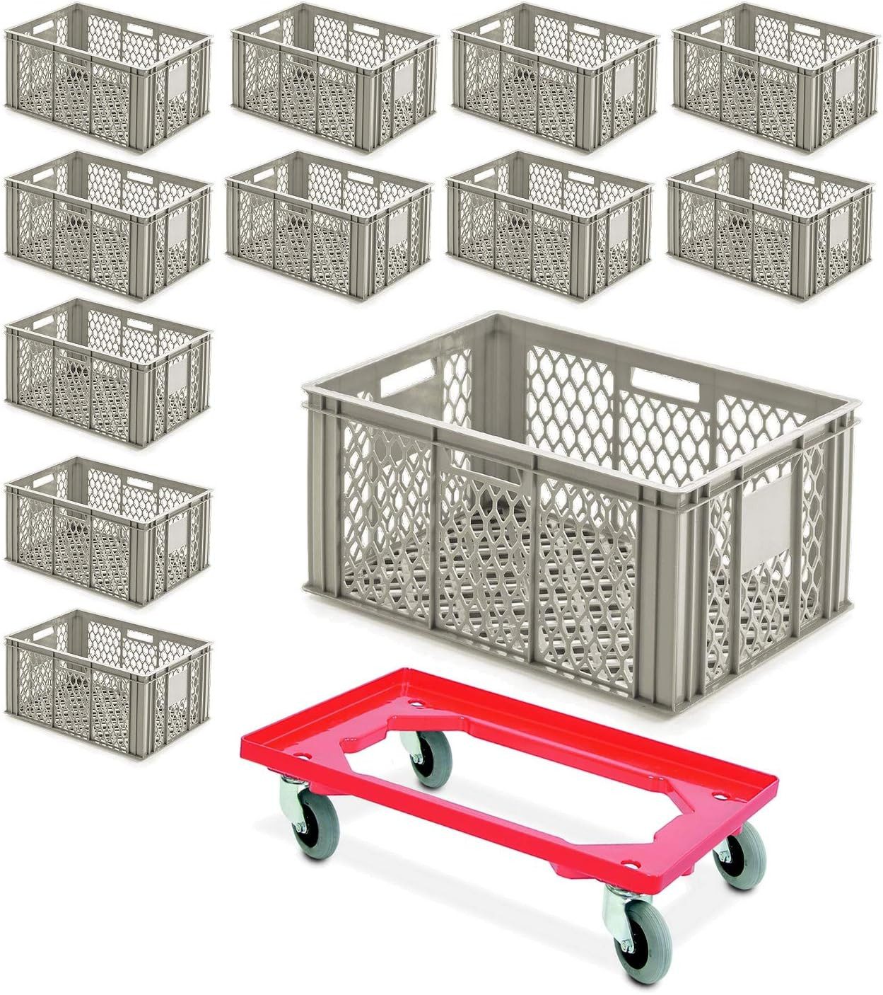 BRB-Lagertechnik Stapelbox 12x Eurobehälter 600x400x280 mm, kieselgrau Plus Transportroller, Sehr stoßfester, robuster und formstabiler Stapelbehälter