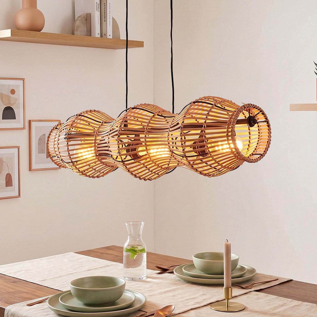 hofstein Pendelleuchte Hängelampe aus Metall/Bambus in Schwarz/Naturfarben, ohne Leuchtmittel, moderne Hängeleuchte im Retro/Vintage/Boho-Design, max. 170 cm, 4xE27