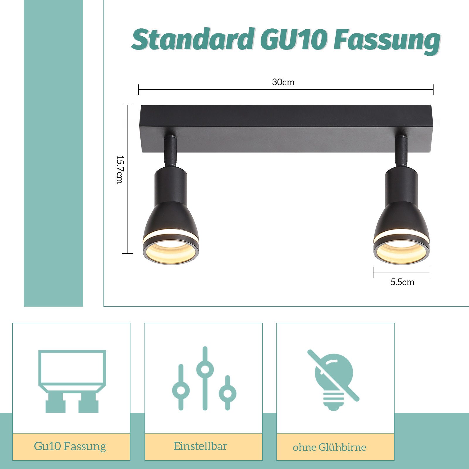 ZMH Deckenstrahler 2 Flammig Wandstrahler GU10 Schwenkbar 355° für Büro Wohnzimmer, Einfache Installation, ohne Leuchtmittel, Schwarz/Weiß Deckenleuchte Hohe Flexibilität