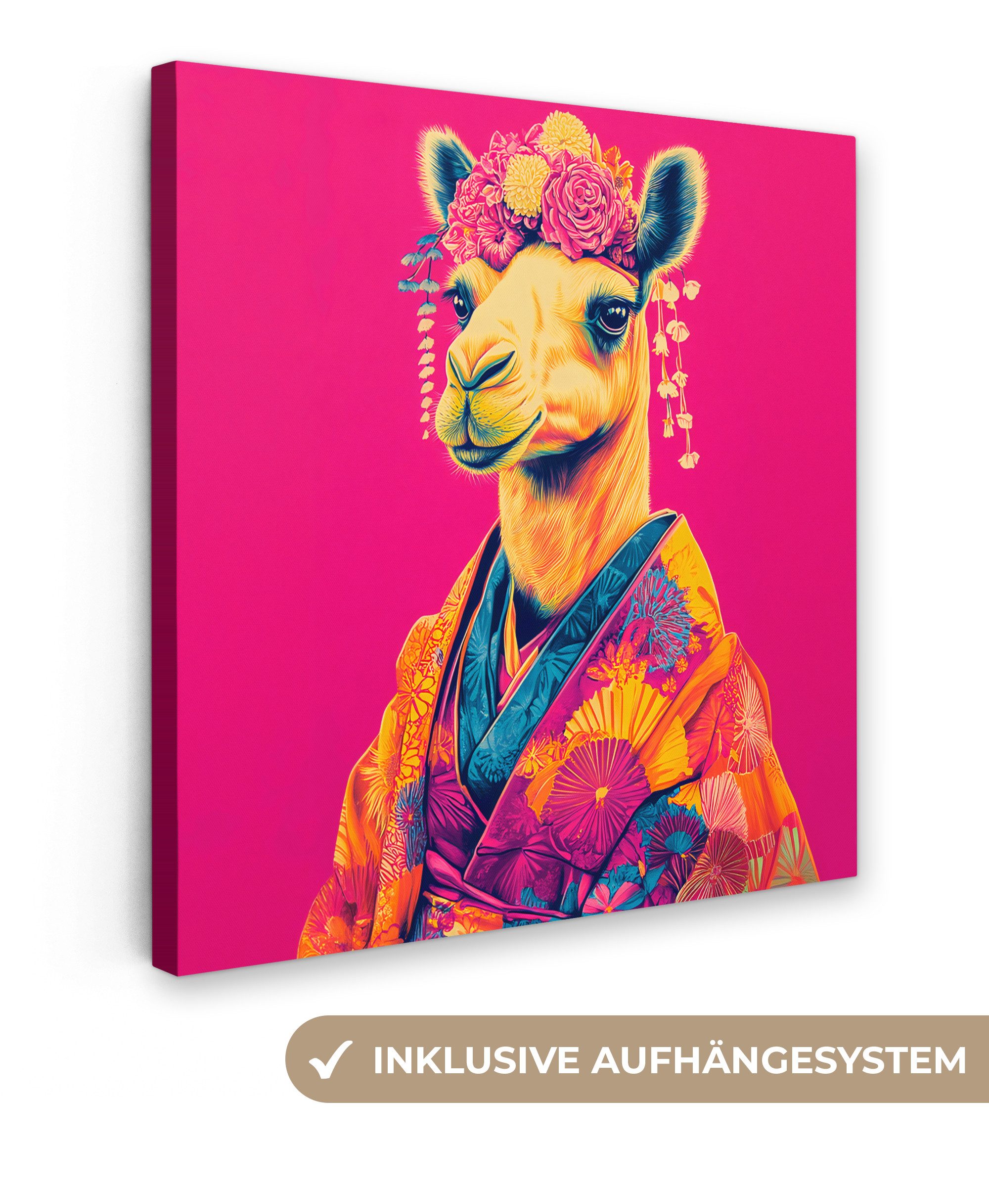 OneMillionCanvasses® Leinwandbild Kamel - Blumen - Kimono - Fächer, Fotodruck (1 St), Wandbild, Deko Schlafzimmer Wohnzimmer Flur 20x20 cm