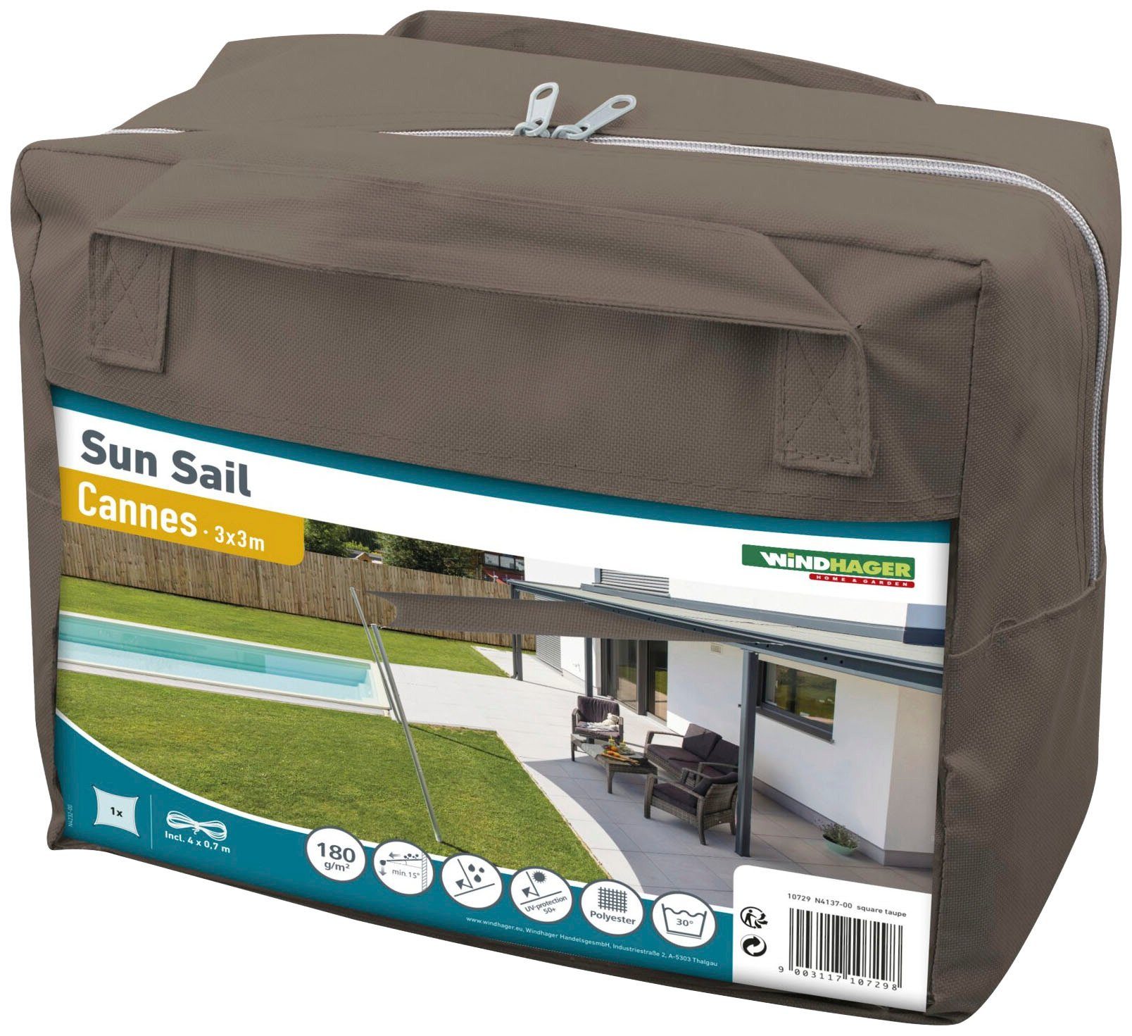 Windhager Cannes Square Sun Shade Sail, 3x3m, taupe