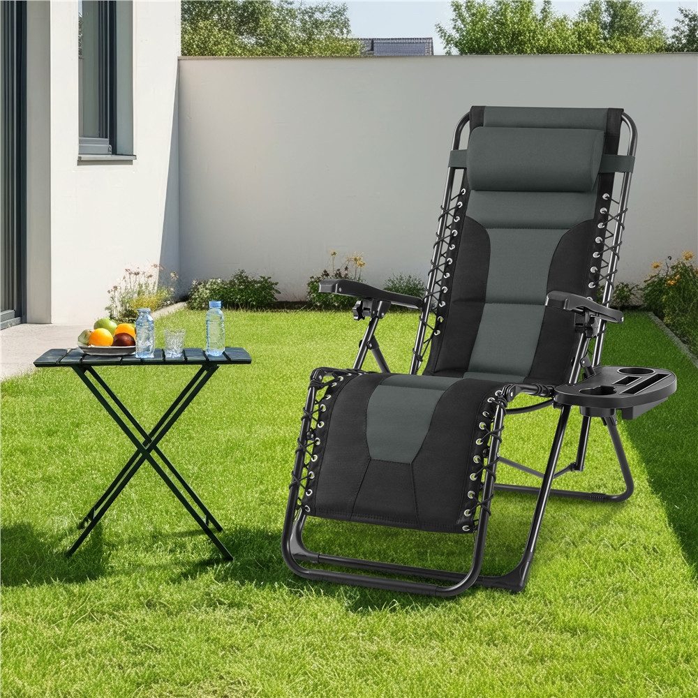 Yaheetech Gartenliege Zero-Gravity-Liegestuhl 64 cm B Klappbar & Tragbar, Klappstuhl mit Auflage & Becherhalter & Kopfkissen