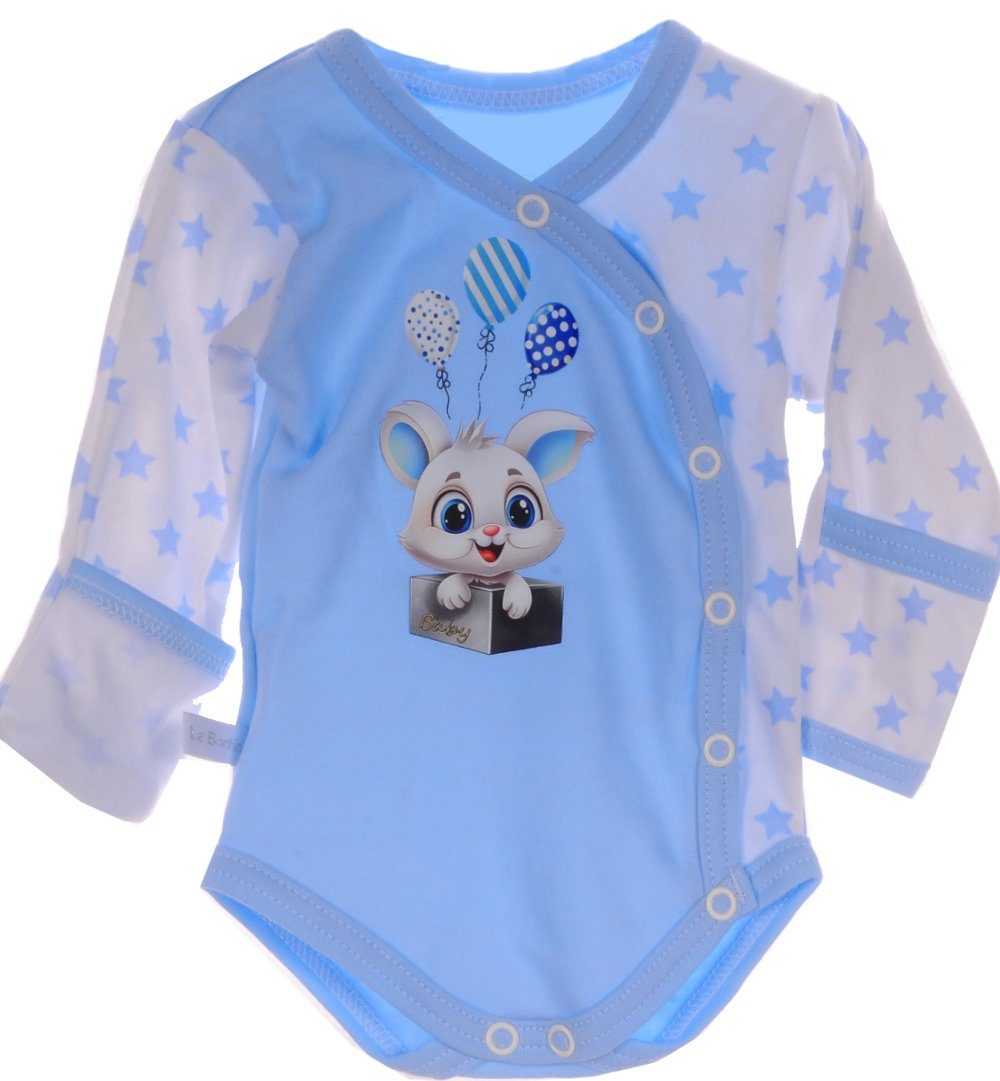 La Bortini Wickelbody Baby Body Langarmbody mit Kratzschutz in Blau mit Hasen und Sternen 44 50 56 62 68 74 80 86 aus reiner Baumwolle