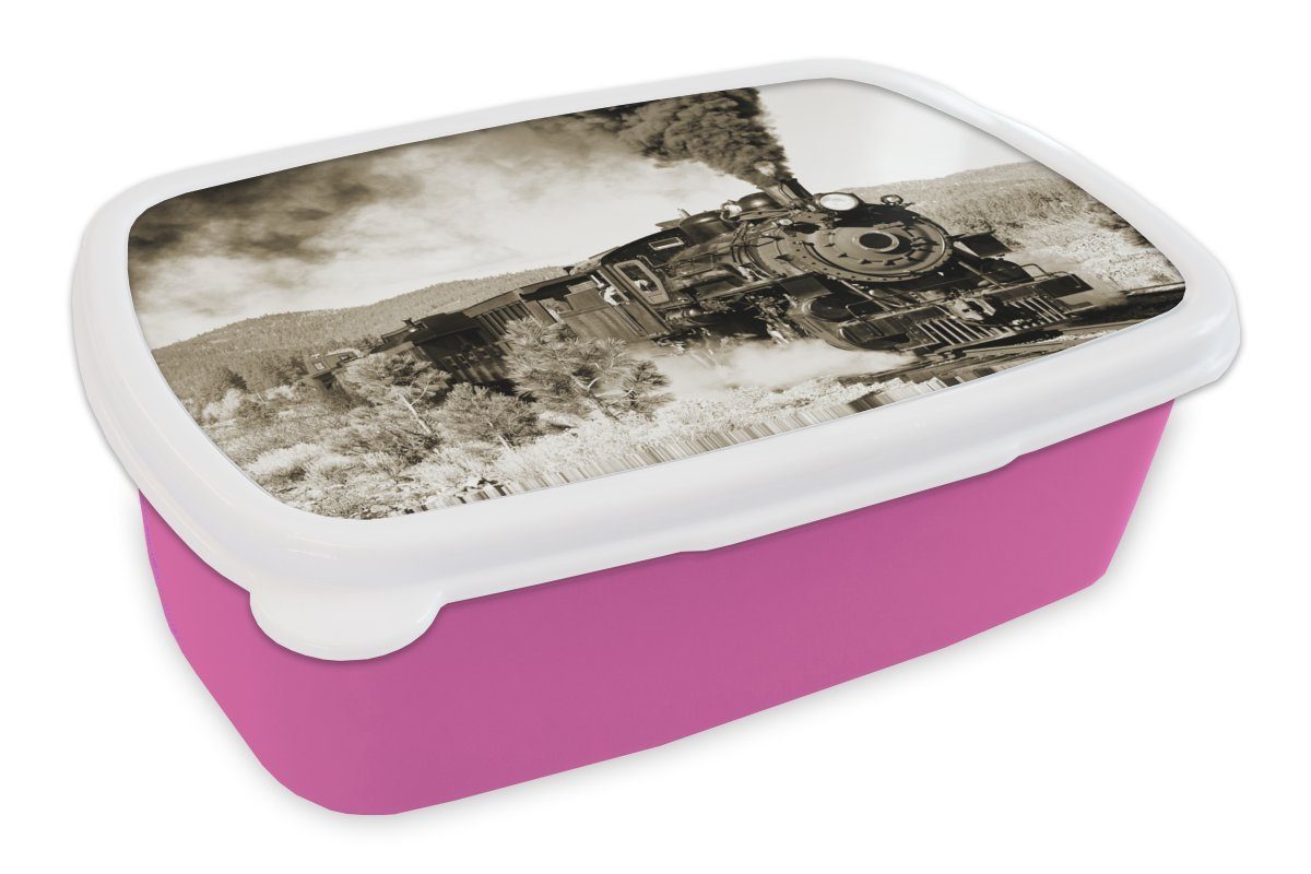 MuchoWow Brotdose Kinder, (2-tlg), antike Kunststoff Snackbox, Brotbox für Lunchbox Dampflokomotive, rosa Erwachsene, Kunststoff, Eine Mädchen,