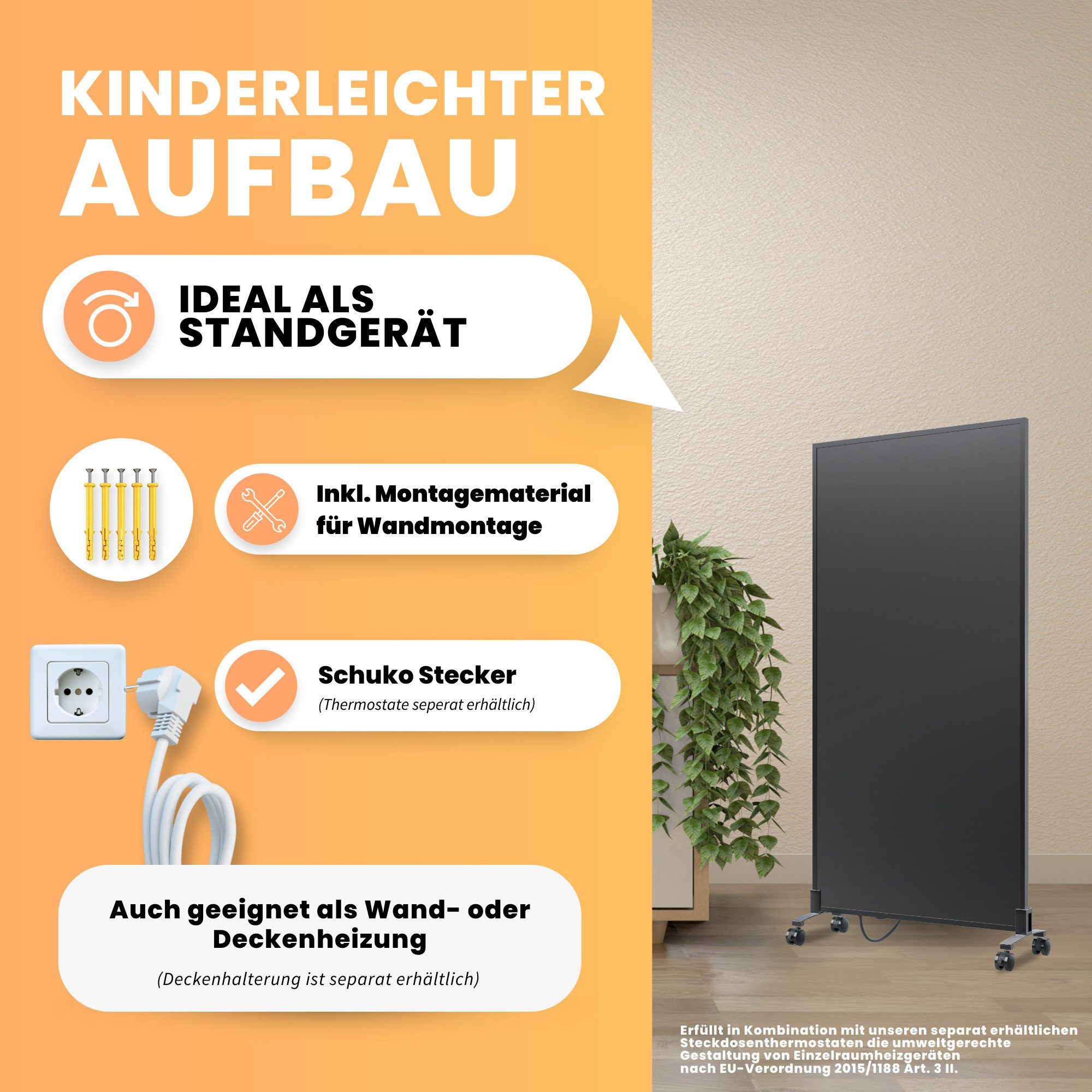 Bringer Infrarotheizung Standgerät, 300-1200 Watt, inkl. Standfüße, 5 Jahre Garantie, TÜV, schwarz
