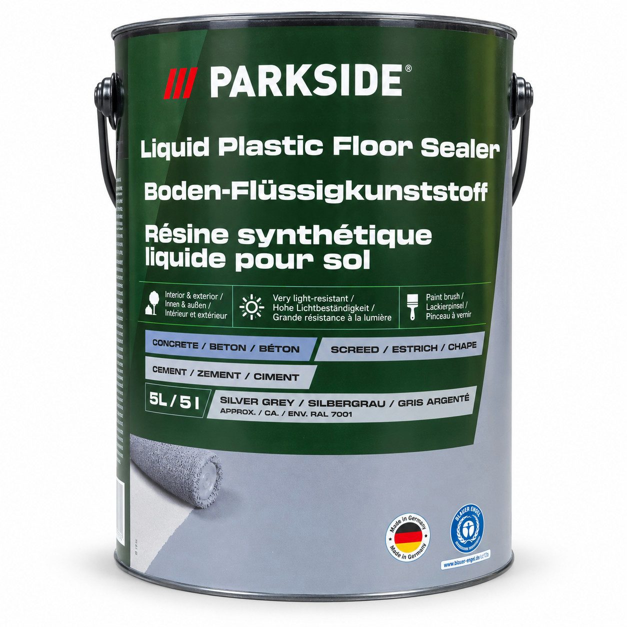 Parkside Acryl-Flüssigkunststoff Parkside Boden Flüssigkunststoff 5L Made in Germany Silbergrau, wasserverdünnbar, hohe Lichtbeständigkeit