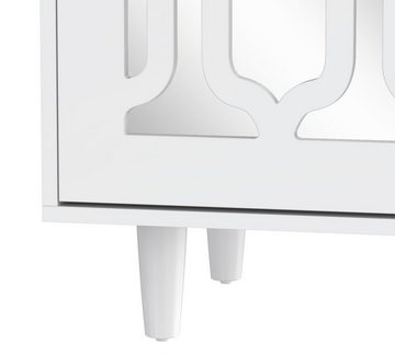 Ulife Sideboard Weißer Beistelltisch mit 2 Spiegeltüren 147,5 x 40 x 102cm (Packung), Mit 6 Glasgriffe in Kristalloptik & 2 durchbrochenen Glasgtüren