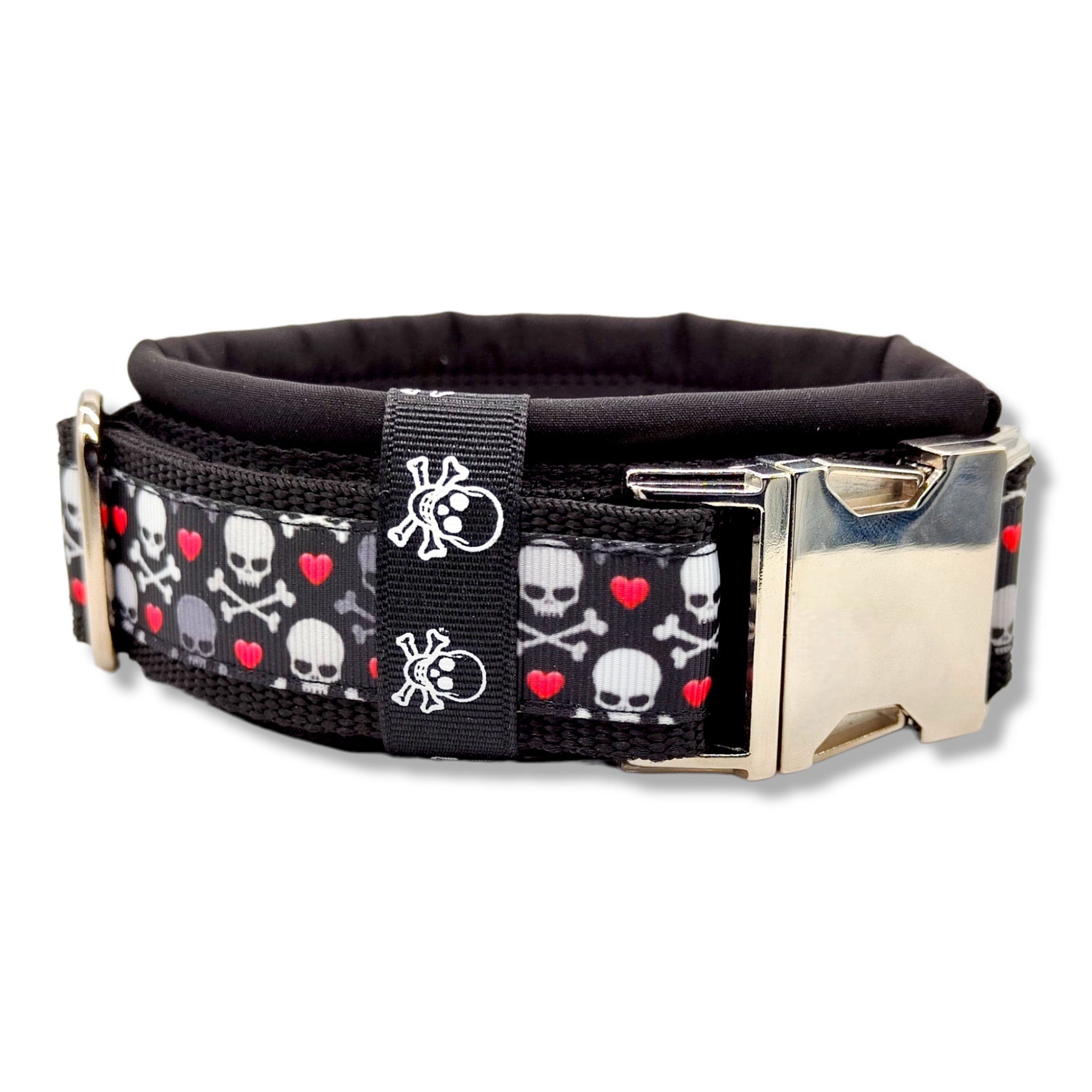 D by E Couture Hunde-Halsband "Skulls & Hearts III", gepolstert, verstellbar, 50mm breit, Handmade