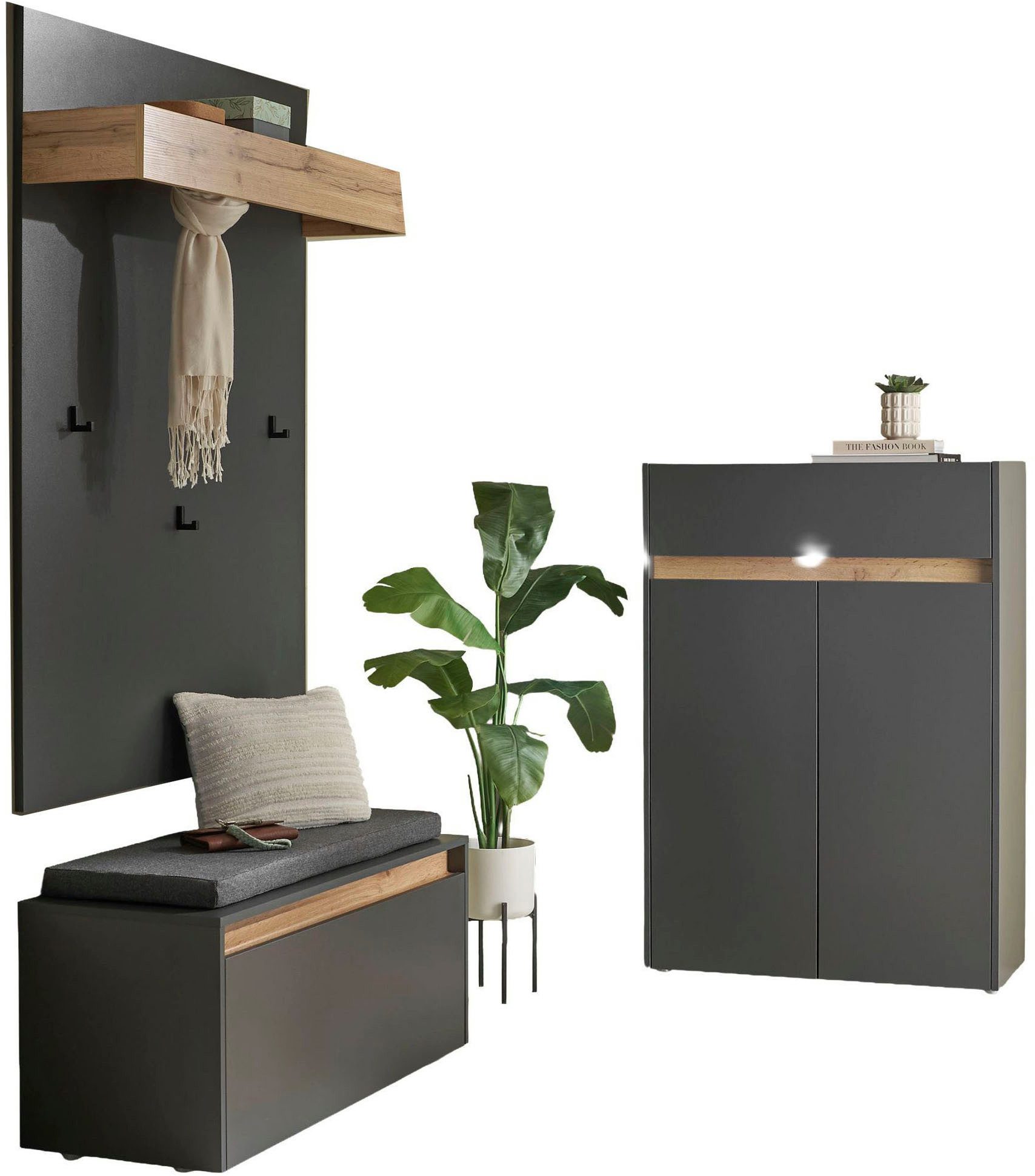 Home affaire Garderoben-Set City/Giron, moderne Garderobe, viel Stauraum, ca. 24 Schuhe, (Set, 3-St), enthält Schuhschrank, Garderobenpaneel & Garderobenbank mit Sitzkissen