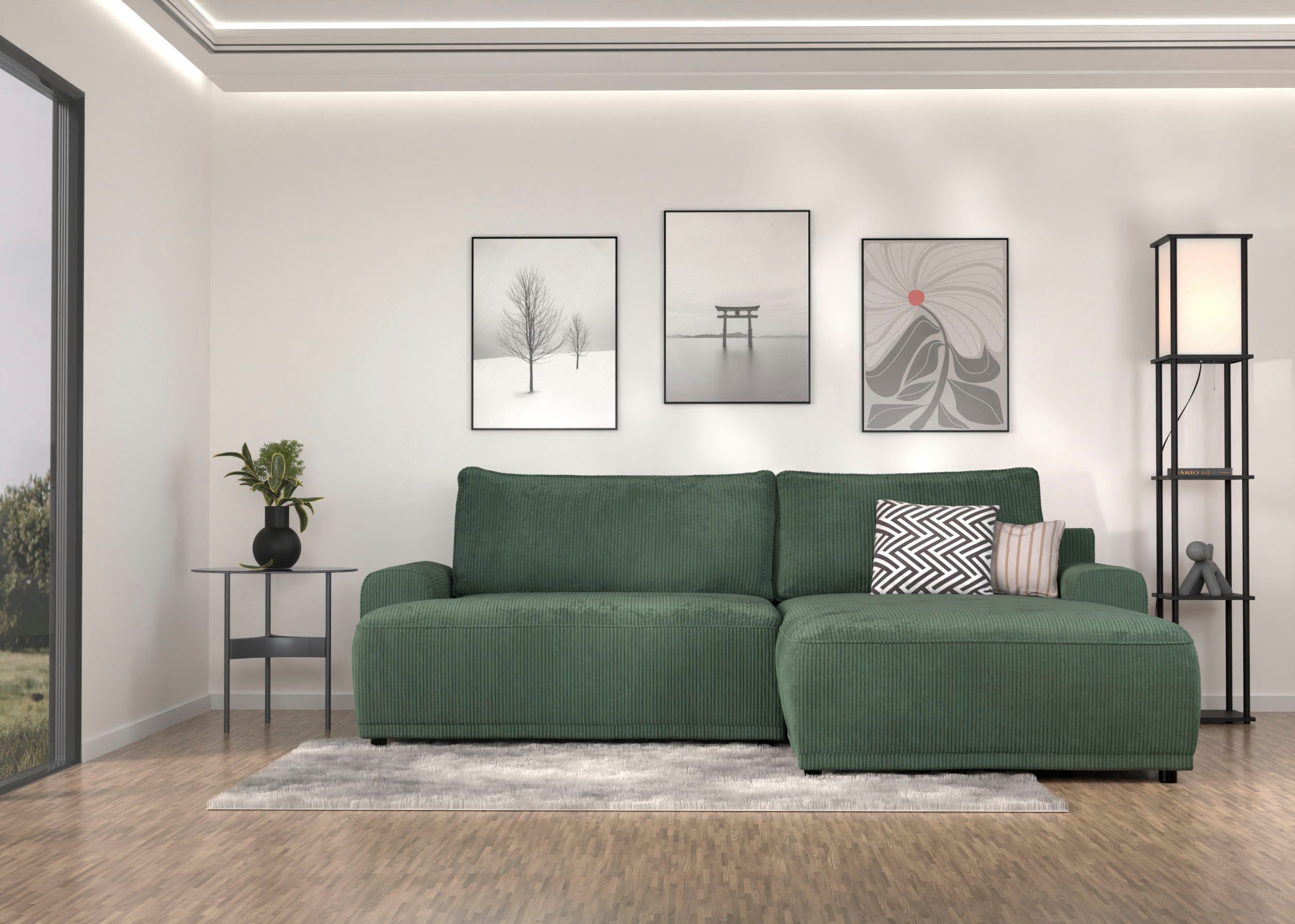 TRENDMANUFAKTUR Ecksofa Fordon, Schlafsofa mit Bettkasten, Couch in L-Form, Breite 250 cm, in Cordstoff HYPER, dunkelgrün, Recamiere rechts