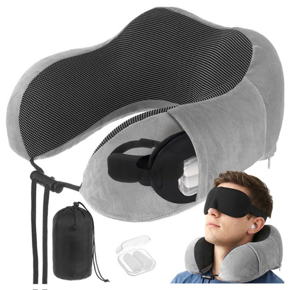 XTROBB Reisekissen Nackenkissen Croissant Reiseset, Spar-Set, 1-tlg., 26 x 14 cm ergonomisch, ergonomisch, Memory-Schaum, atmungsaktiv, 4-in-1-Set