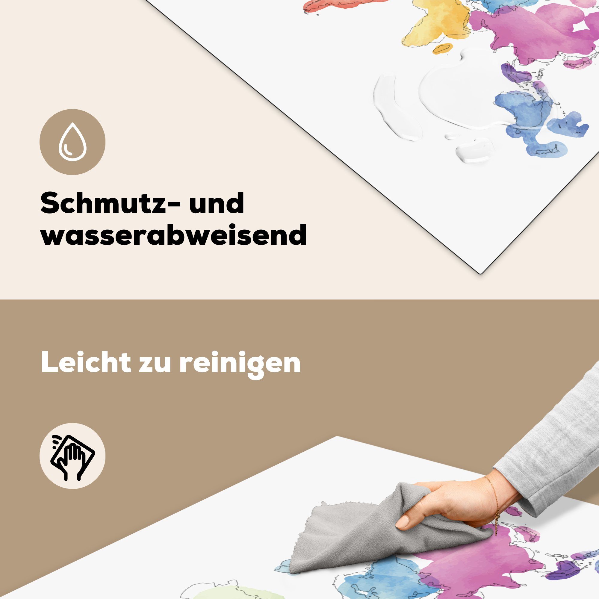 MuchoWow Herdblende-/Abdeckplatte Weltkarte - Wasserfarben, für Arbeitsplatte Vinyl, küche (1 Ceranfeldabdeckung, cm, 78x78 tlg)