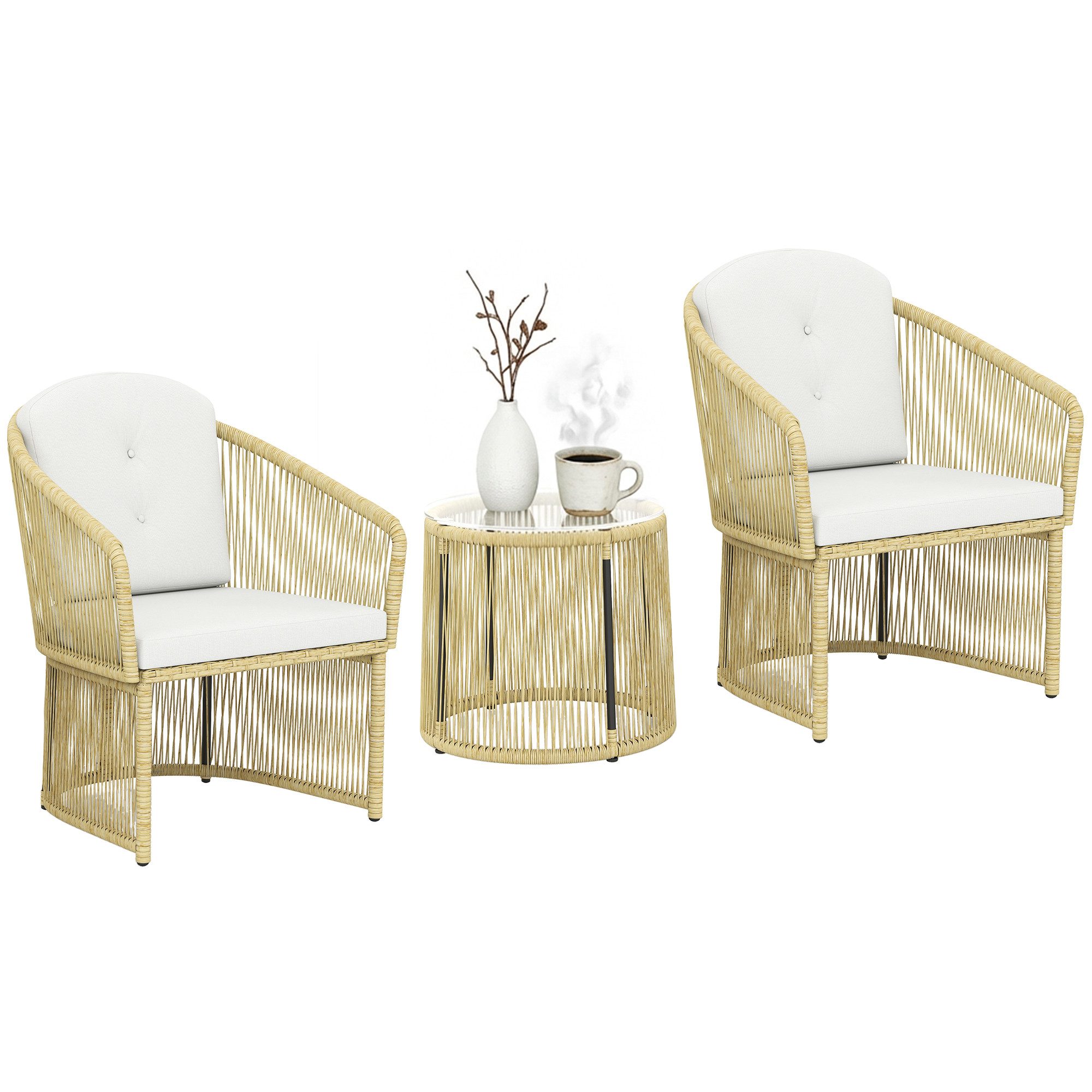 Outsunny Sitzgruppe Rattan-Bistro-Set, (Set, 3-tlg., 1 Tisch, 2 Sessel), Rattan-Bistro-Set mit Kissen