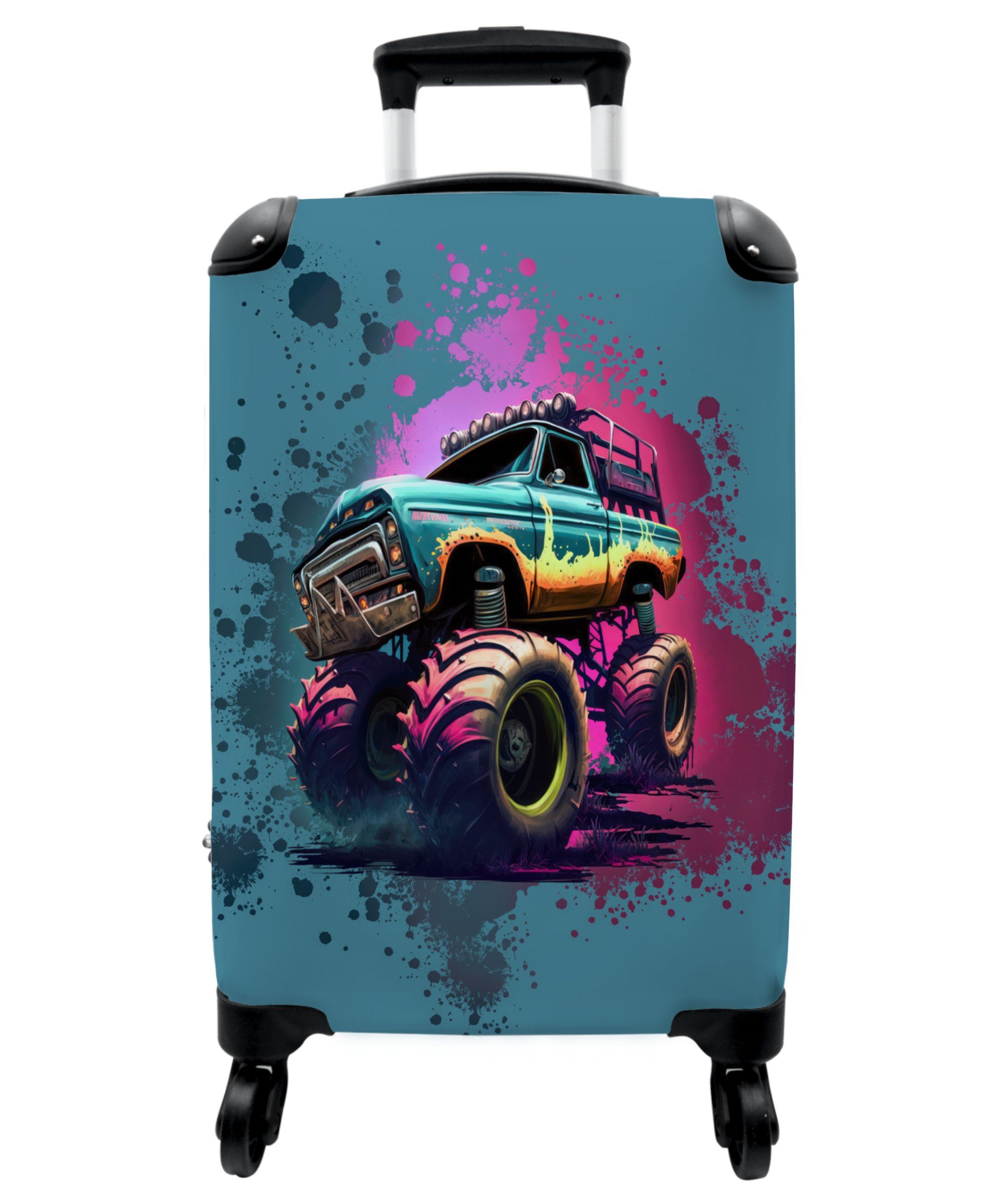 NoBoringSuitcases.com© Kinderkoffer 55x35x20cm Monstertruck - Farbe - Graffiti - Rosa - Neon, 4 Rollen, Kindertrolley, Handgepäck, Reisekoffer für Jungen