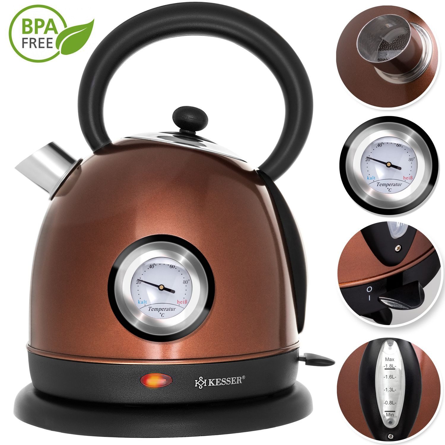 KESSER Wasserkocher, 1.8 l, 2200 W, Wasserkocher Edelstahl 2200W BPA frei 1,8 Liter Retro