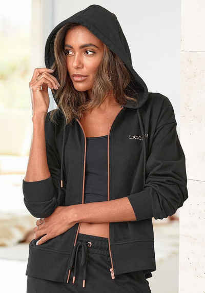 LASCANA Kapuzensweatjacke Homewear mit kupferfarbenen Reißverschluss und Logostickerei, Loungeanzug