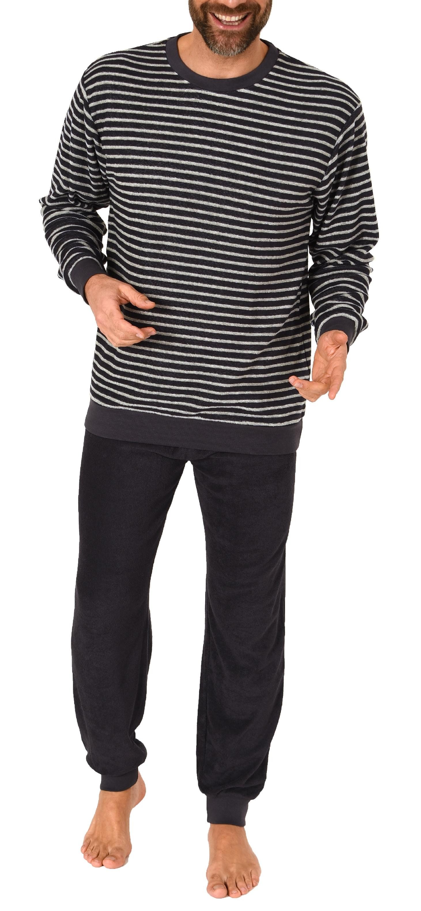 Normann Pyjama Herren Frottee Schlafanzug lang, Pyjama mit feinem Ringel-Muster