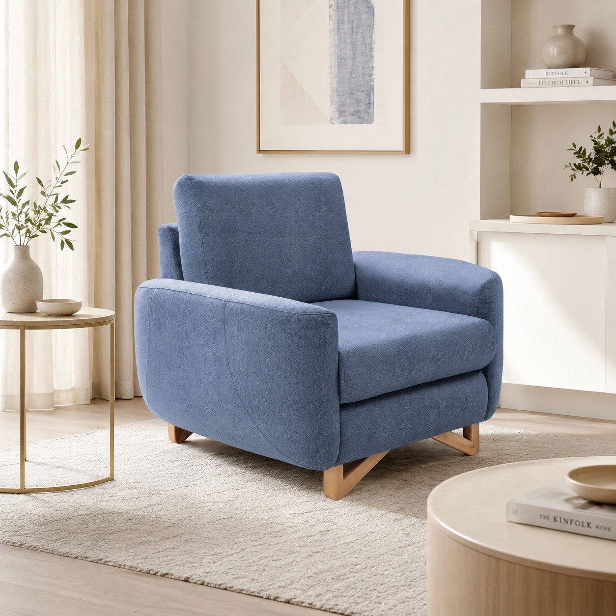 Goldstoff Sessel Wohnzimmer Relaxsessel mit Komfort Armchair Design (1-St), Moderner Wohnzimmersessel Blau Komfort Sessel