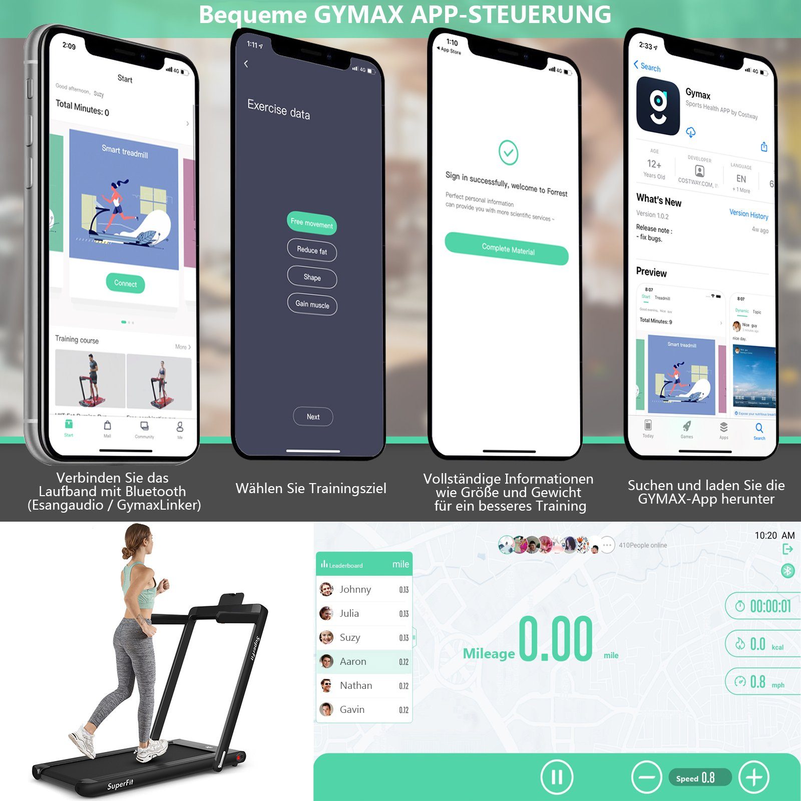 COSTWAY Laufband, APP, Bluetooth, LED, bis 120 kg