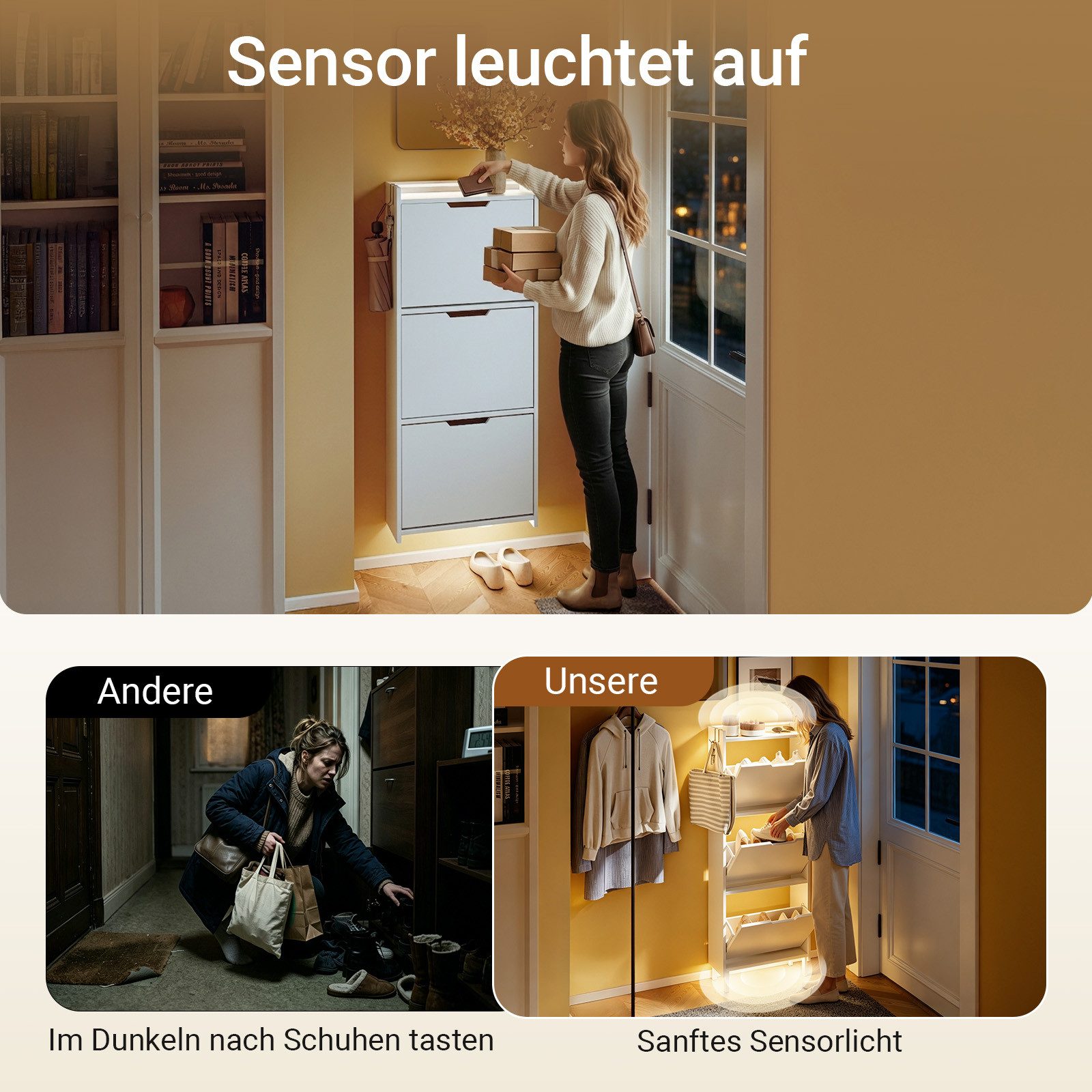 SoBuy Schuhkipper FSR151-H-E, Schuhschrank schmal, Schuhregal Schuhkipper Flurschrank, Schuhschrank hängend, mit Sensorlicht, 3 Klappen, Schuhaufbewahrung