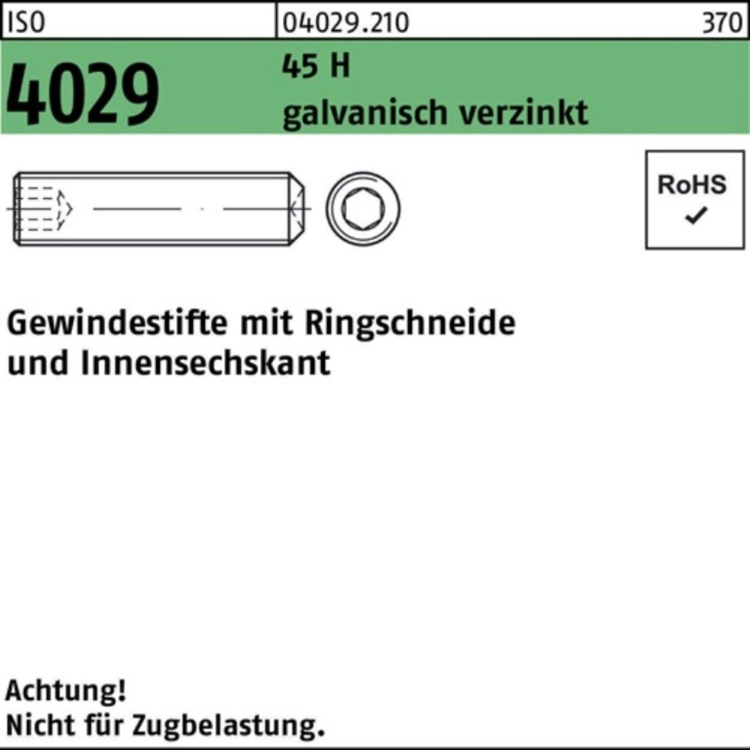 Gewindestift ga Ringschneide/Innen-6kt Pack H 45 M12x10 200er ISO Gewindebolzen Reyher 4029