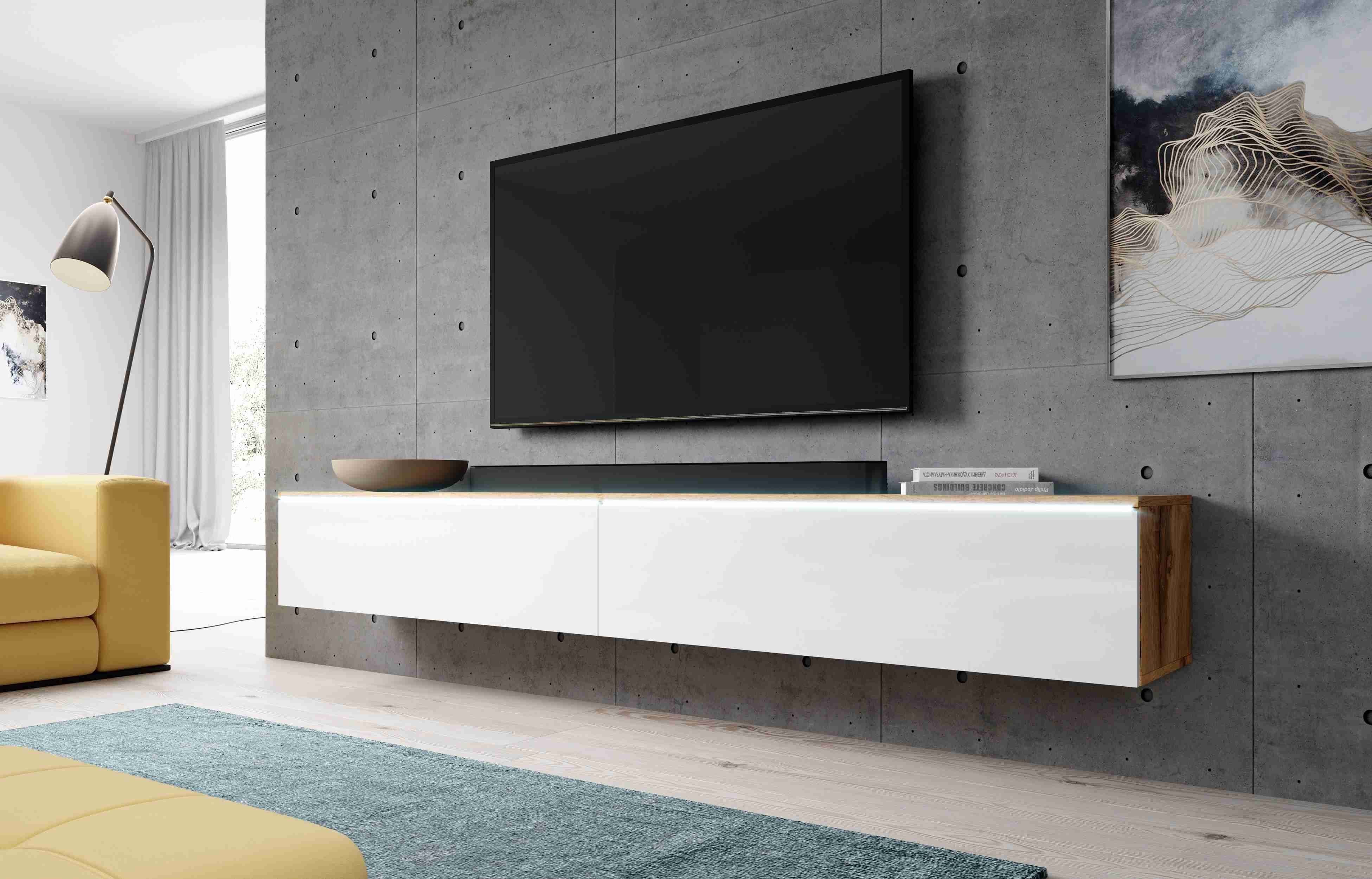 Furnix TV-Board BARGO Lowboard Fernsehschrank, B200 x H34 x T32 cm, 2x100cm Wotan/WeißHochglanz