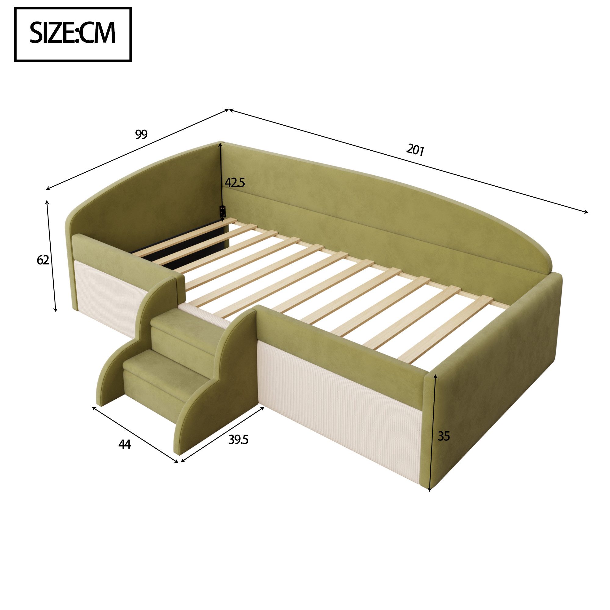 Flieks Polsterbett, Kinderbett Schlafsofa Einzelbett 90x190cm mit Treppe und Lattenrost