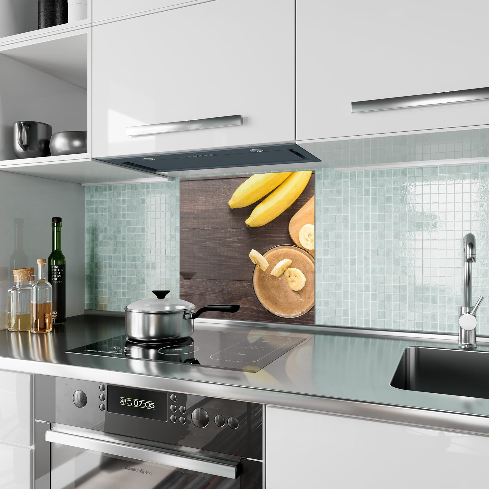 Küchenrückwand Bananen Küchenrückwand Spritzschutz Motiv aus mit Glas Smoothie Primedeco