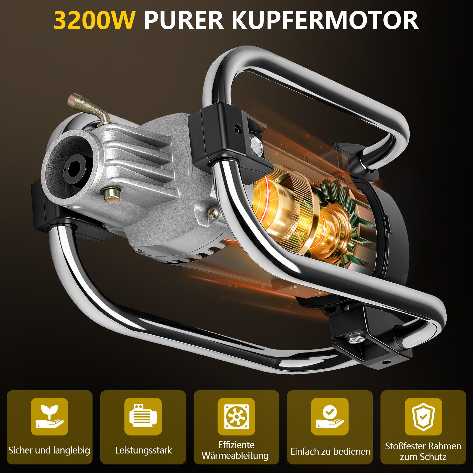 XERSEK Betonmischer 3200W Betonrüttler mit Ø35mm Rüttelstab 4m Flexwelle Stoßfest Rahmen, (Motor + Weichwelle), 6800rpm, Isoliertes Aluminiumgehäuse, Elektrisch Betonverdichter
