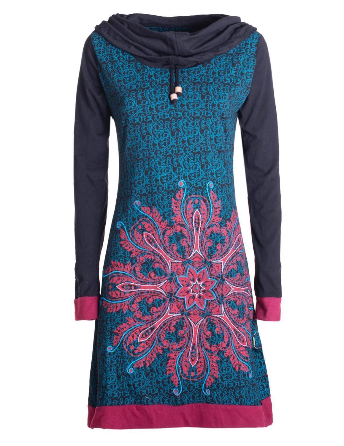 Tunikakleid Damen Schal-Kragen Mandala-Kleid Langarm-Shirtkleid Baumwollkleid
