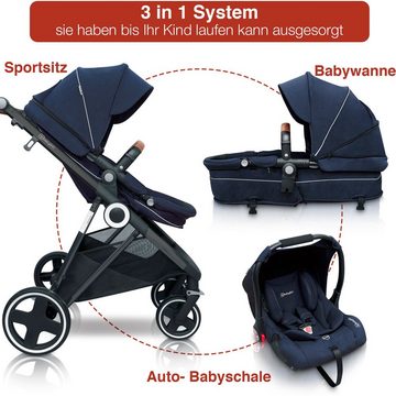 BabyGo Kombi-Kinderwagen Halime 3in1, Blue Black, inklusive Babywanne, Babyschale, Regenhaube & Wickeltasche