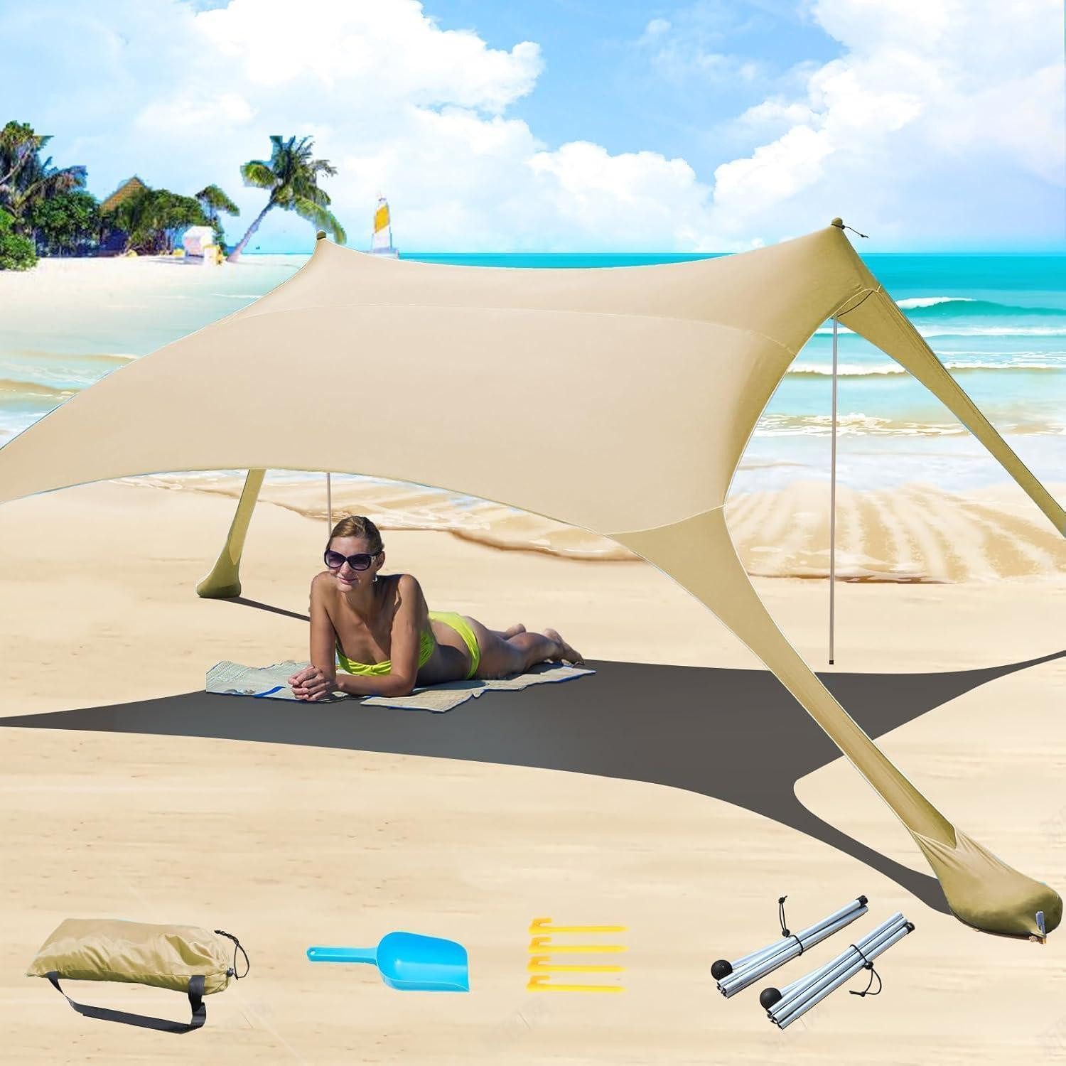 Strandmuschel Strandzelt Pop-Up 2x2.1m LSF 50 Lycra Sonnenschutz Stabilitätsstangen