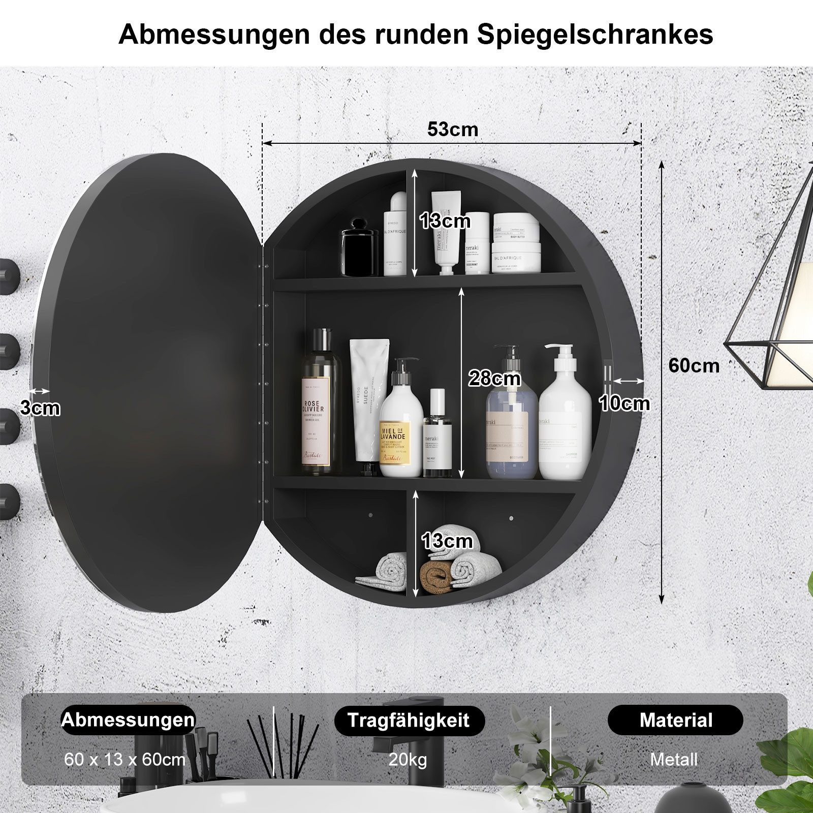 radelldar Badezimmerspiegelschrank Runder Spiegelschrank 60x60 cm, Medizinschrank mit Metallrahmen (1-St) Montagefrei, integrierte Beleuchtung und Entfeuchtung