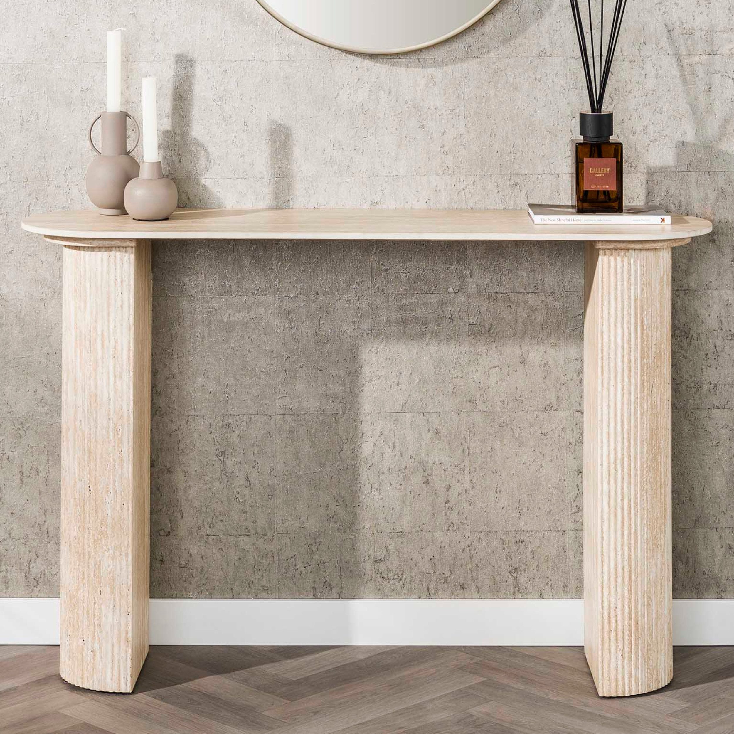 alesvelt Konsolentisch ROMANO ARCH Monolithisches Design mit Travertin-Keramik (1-Tisch), 120x35x78cm, Travertin-Design, Rillen-Säulen