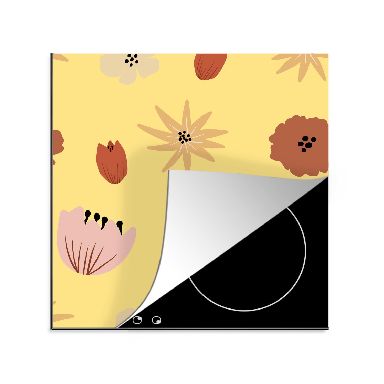 MuchoWow Herdblende-/Abdeckplatte Blumen - Gelb - Abstrakt, Vinyl, (1 tlg), 78x78 cm, Ceranfeldabdeckung, Arbeitsplatte für küche